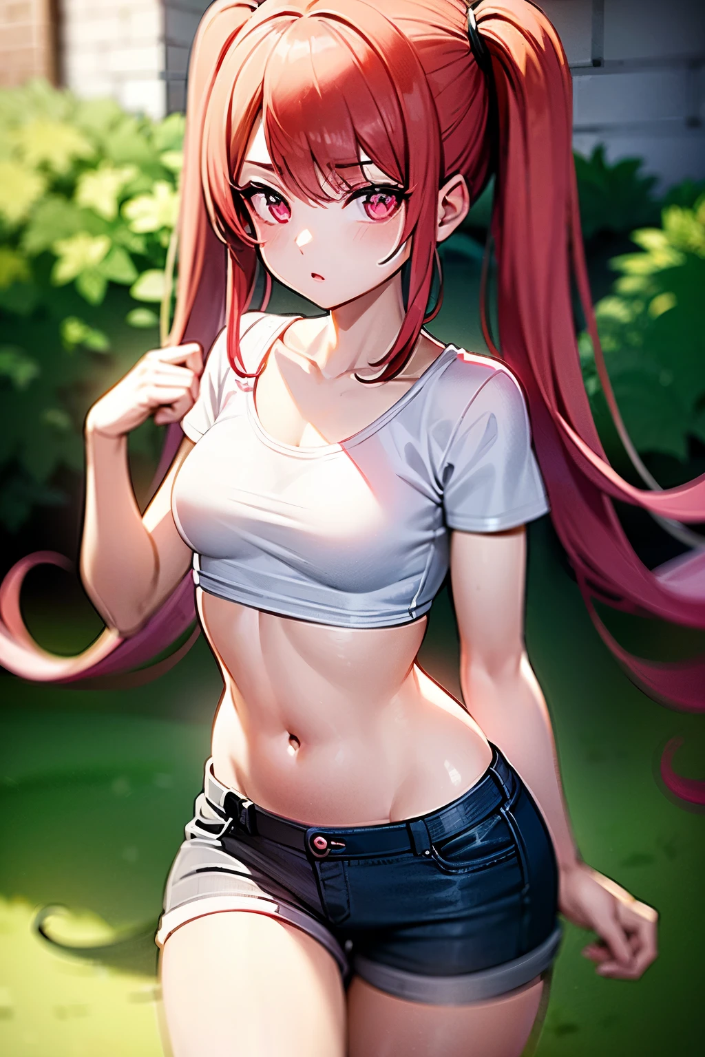 young girl, red hair, girl, small breasts, twintail hair, pink bangs, pink eyes, black top shirt, blue jeans short, in a ´park, looking at viewer, 4k, masterpiece, 8k, detailed, Hd anime, all body in art, full body
