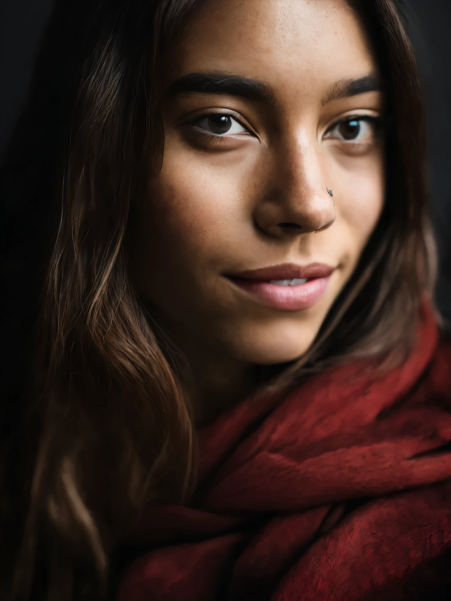 (close-up, editorial photograph of a 21 year old woman), (highly detailed face:1.4) (smile:0.7) (background inside dark, moody, private study:1.3) POV, by lee jeffries, nikon d850, film stock photograph ,4 kodak portra 400 ,camera f1.6 lens ,rich colors ,hyper realistic ,lifelike texture, dramatic lighting , cinestill 800,