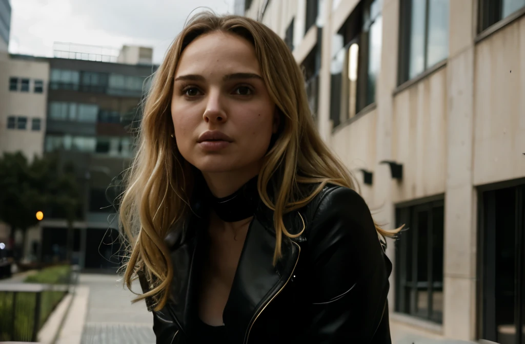 full body shot of natalie portman, long curvy blonde hair, black canary hero suit, posing front a building, looking up, serious look, photorealistic portrait, dramatic, overcast, cinematic, 4k resolution, hyperdetailed