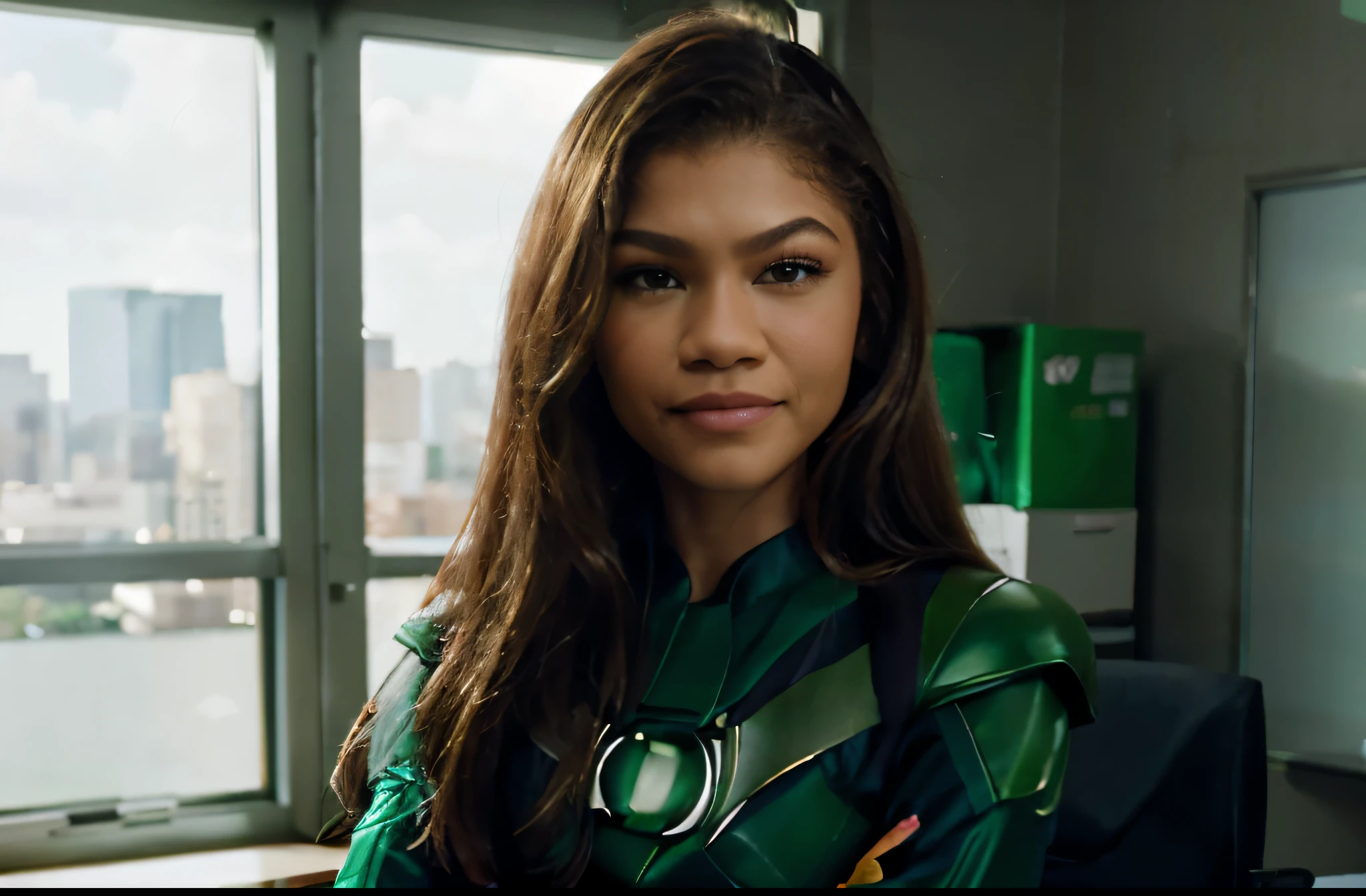 Zendaya, cabelos extremamente longos, olhos verdes brilhantes, Terno do lanterna verde, In an office, crossed arms, sorridente, retrato fotorrealista, cinematographic, nublado, vista frontal, 4k resolution, hiperdetalhado