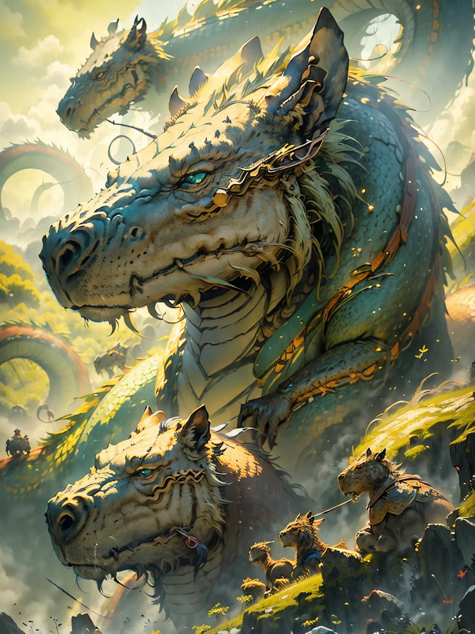 ((masterpiece: 1.5), best quality, extremely detailed, 8k),( huge, muscular capybara) sitting in front of the(Chinese dragon, green skales, yellow glowing skin), open field, dnd, dungeons and dragons, fantasy style