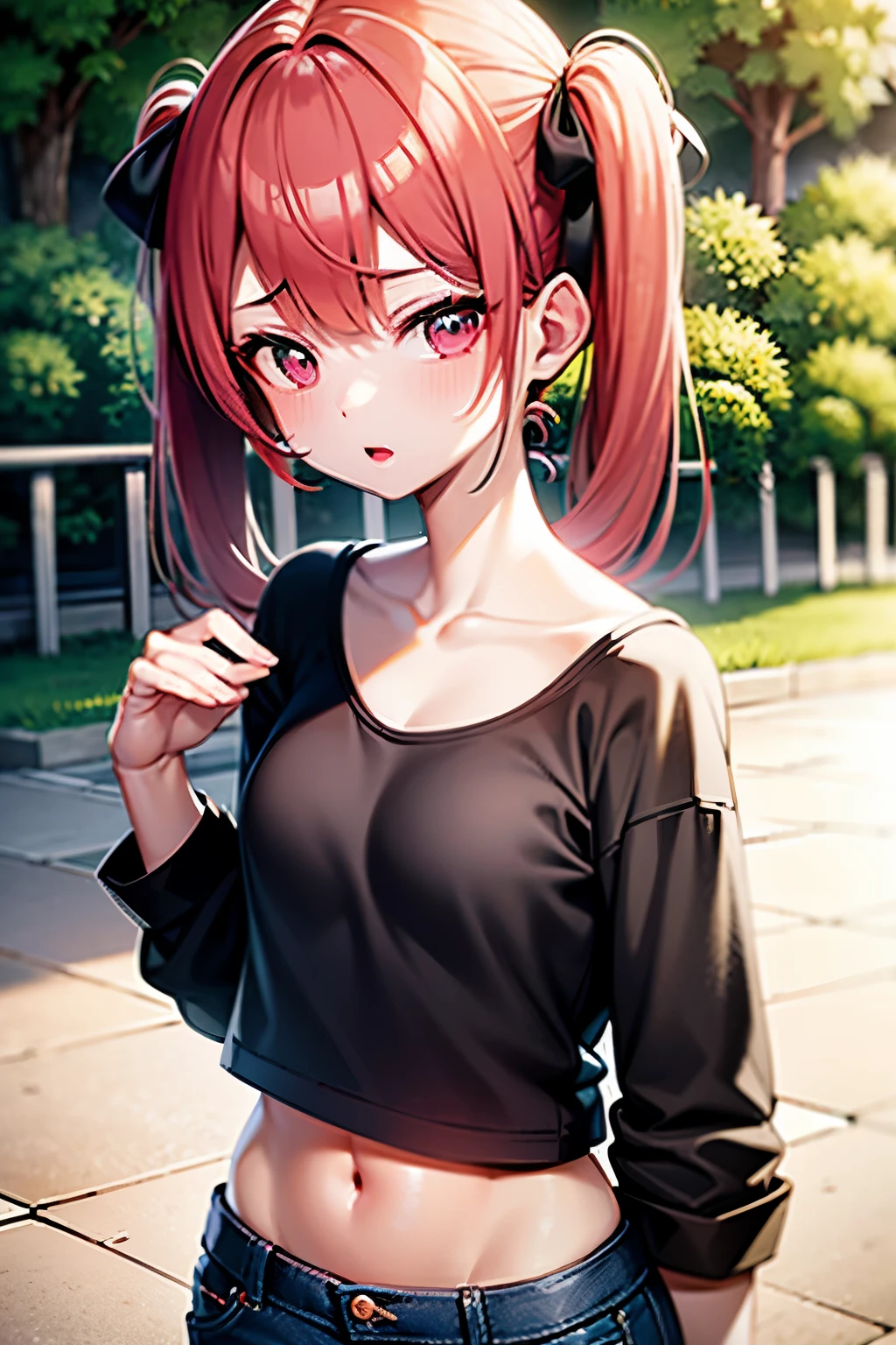 
young girl, red hair, girl, small breasts, twintail hair, pink bangs, pink eyes, black top shirt, blue jeans short, in a ´park, looking at viewer, 4k, masterpiece, 8k, detailed, Hd anime, all body in art, full body
