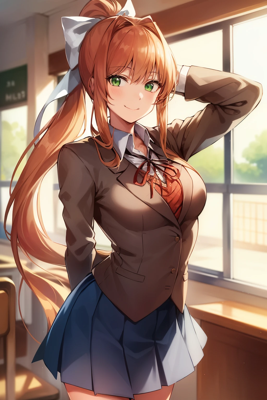 2d, masterpiece, best quality, anime, highly detailed, cowboy shot, 1girl, solo, monika, green eyes, very long hair, ponytail, school uniform, standing, leaning forward, arms behind back, smile, classroom 