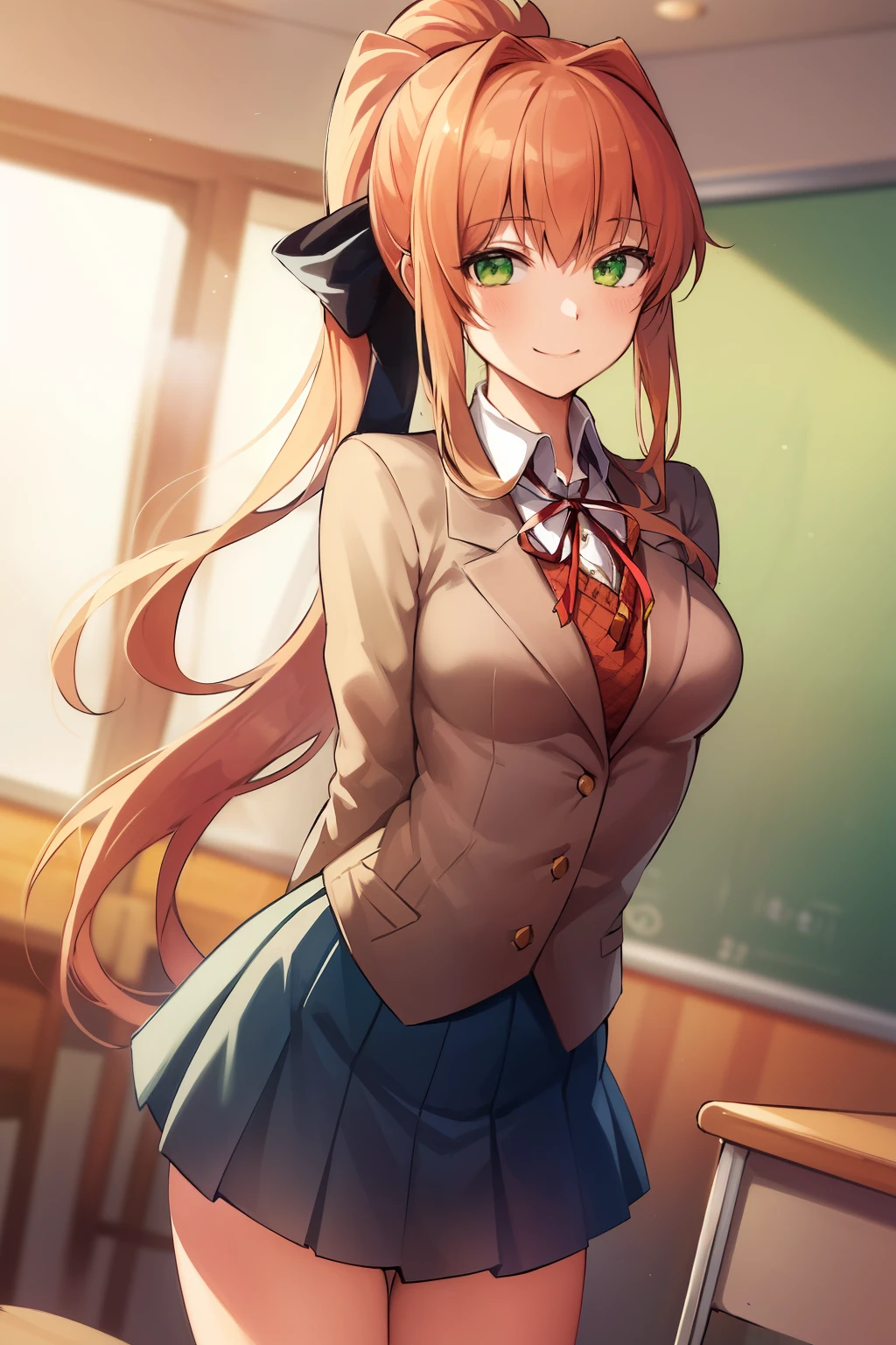 2d, masterpiece, best quality, anime, highly detailed, cowboy shot, 1girl, solo, monika, green eyes, very long hair, ponytail, school uniform, standing, leaning forward, arms behind back, smile, classroom
