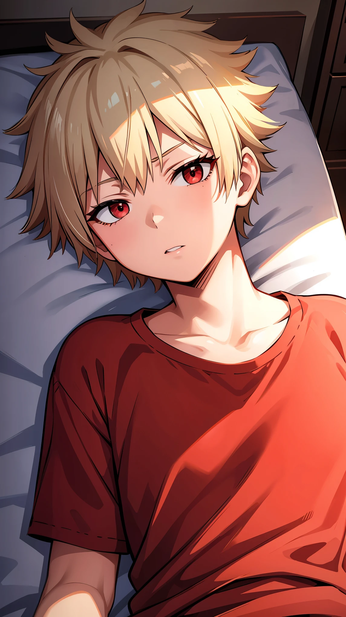  Bakugo Katsuk   lboy,Blonde hair, Short hair ,Red eyes, short hair, pijama upper body , laying on bed, 