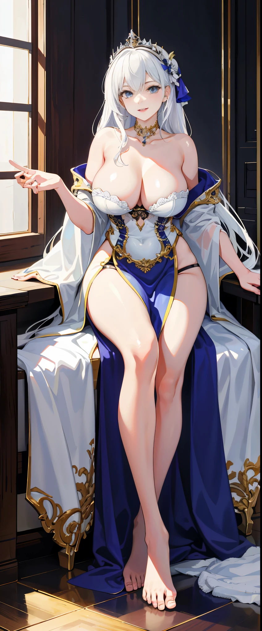 absurdres, highres, ultra detailed, (1girl:1.3),
BREAK , High resolution , Design an image featuring beautiful calligraphy ,and a sense of craftsmanship and skill. Beatiful shaped feets , sexy feet , showing feet , teasing , laying , queen , smile , blush, ( all naked body ) , long hair , big bare breasts , skirt , maids costume , NSFW ,  Sharp and shiny colors ,  shiny white skin , white hair, giving her feet to the viewer