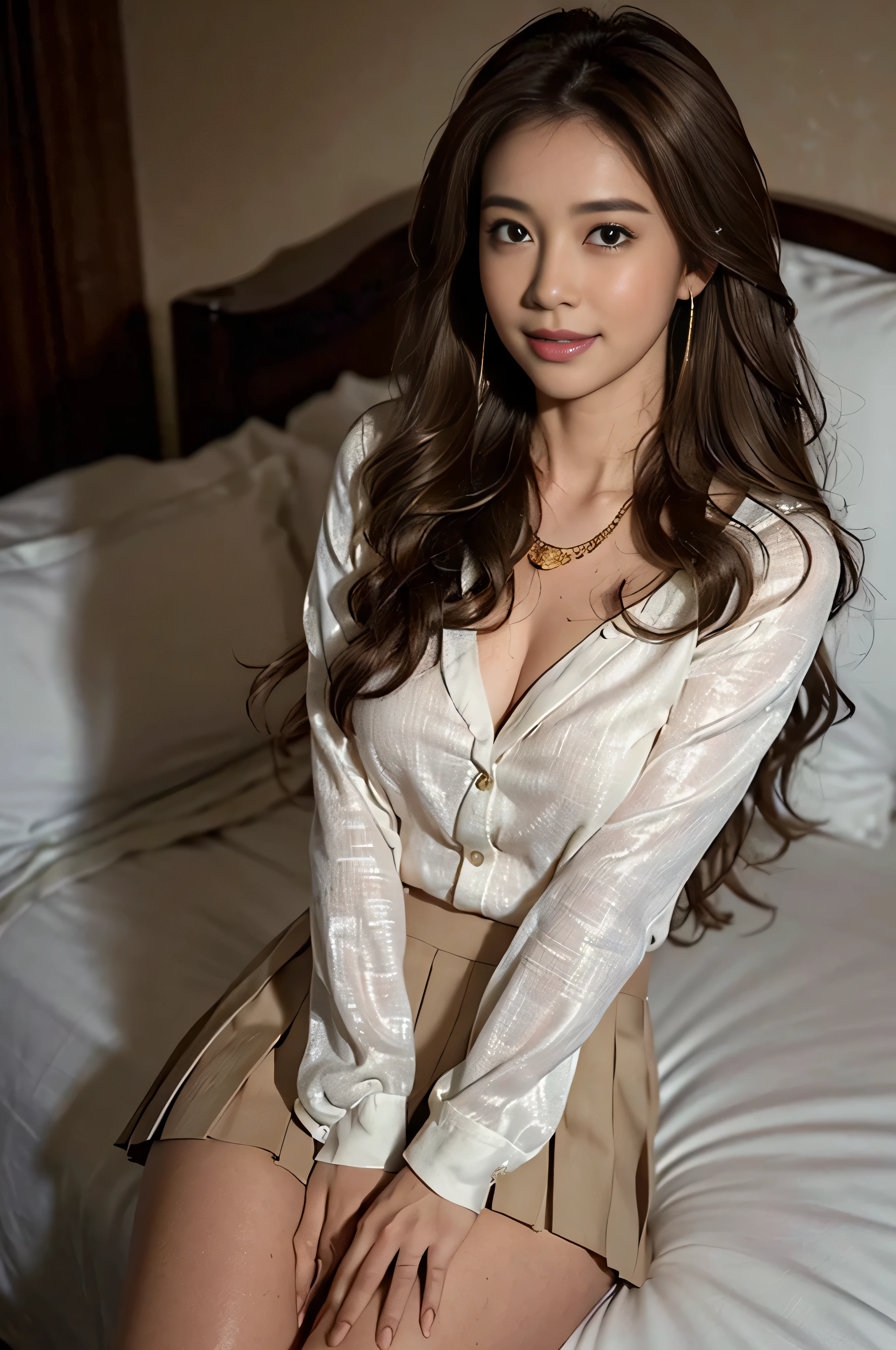 ((beautiful girl:1.3))((Super long brown hair:1.4)),(((loosely wavy hair:1.3)), ((shy smile:1.3)),((spreading both hands wide_legs tightly closed:1.3))((gold necklace_big earrings:1.2)),((university student:1.3)),((White pleated mini skirt:1.3)),((black long sleeve button shirt_with collar)),((in a hotel bed:1.3))((thin_fabric:1.4)) ((Are standing_Waiting for people:1.3)) (sweaty:1.5))((face flushed:1.4)) ((medium breasts:1.4)) ((Close-up:1.2)) highest quality、masterpiece、ultra high resolution、(photorealistic:1.4)、Raw photo、(real skin texture:1.3)、(film grain:1.3)、panorama、character portrait、very wide shot、narrow waist、cowboy shot、(in the dark、deep shadow、moderate、in the cold light、)night、(())、flowing tears、dust、Tyndall effect、(expression),1girl,beautiful detailed eyes and face,white jabot,brown eyes,((brown hair:1.2)) ((whole body:1.3))