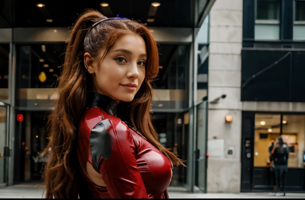 full body shot of ariana grande, long red hair, red catwomen suit, posing front a building, smiling, hands on waist serious look, photorealistic portrait, dramatic, cinematic, 4k resolution, hyperdetailed