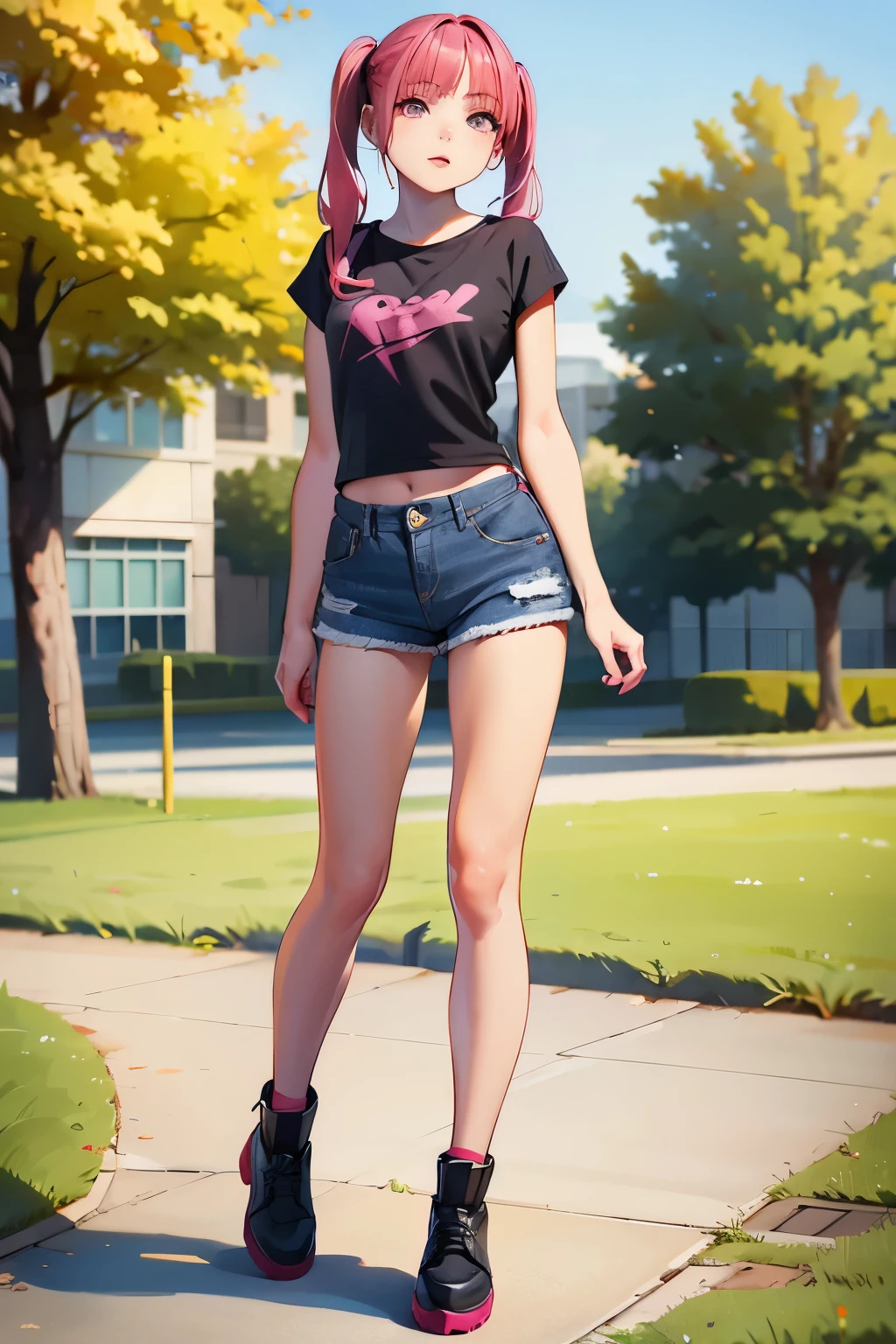 young girl, red hair, girl, small breasts, twintail hair, pink bangs, pink eyes, black top shirt, blue jeans short, in a ´park, looking at viewer, 4k, masterpiece, 8k, detailed, Hd anime, all body in art, full body
