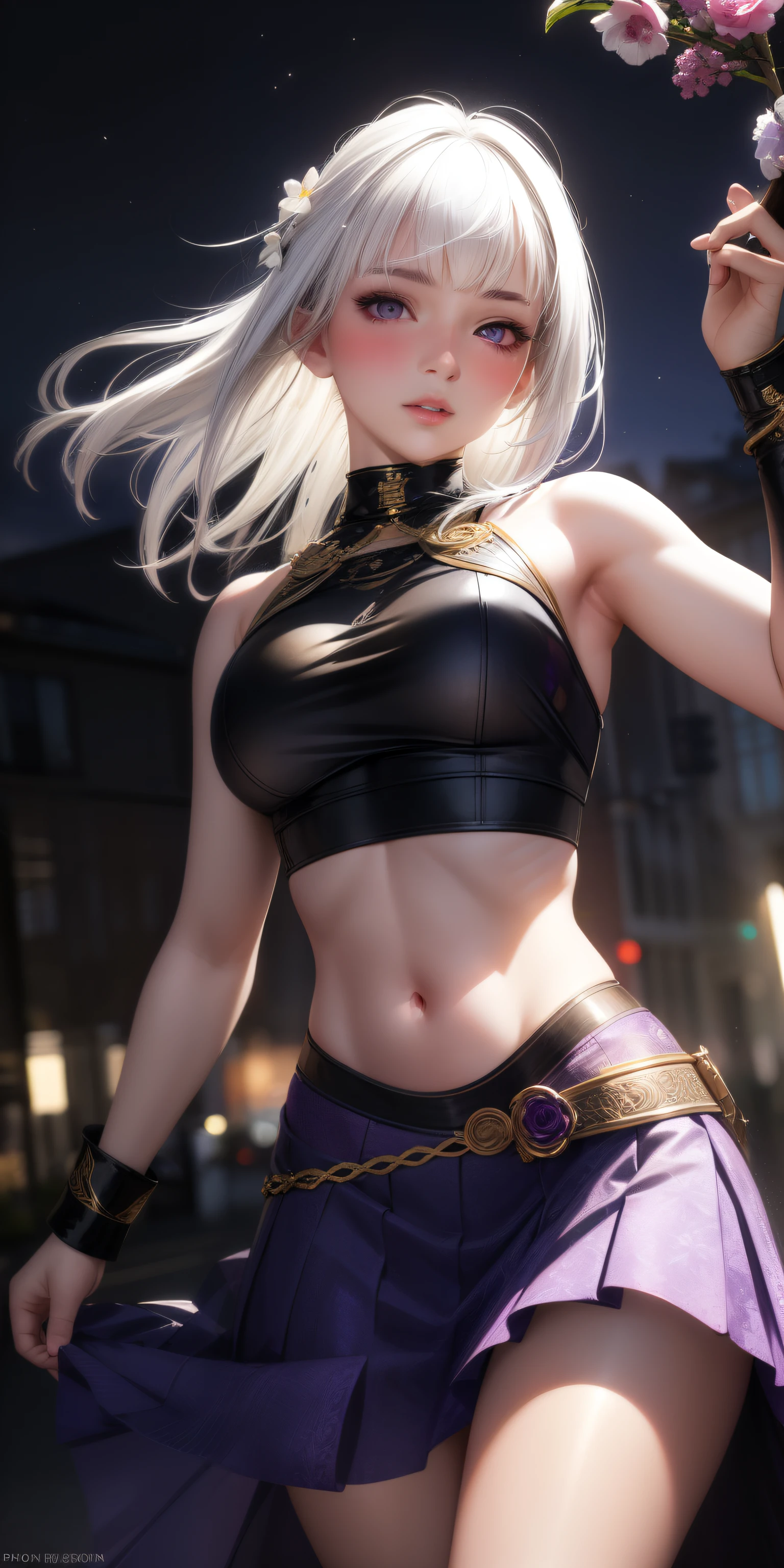 realistic, 1girl, white hair, purple eyes, glowing eyes, crop top, skirt, parted lips, blush, night, flowers, sun, sunlight,