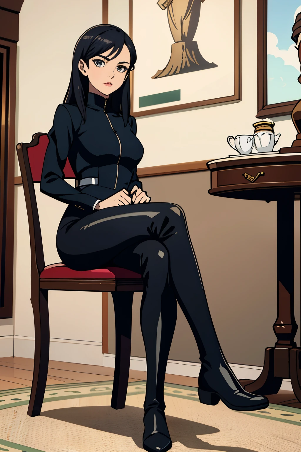 ((highest quality)), ((masterpiece)), (get used to it), perfect face,british style riding clothes、british equestrian,shiny black riding boots、Sitting on a chair with legs crossed