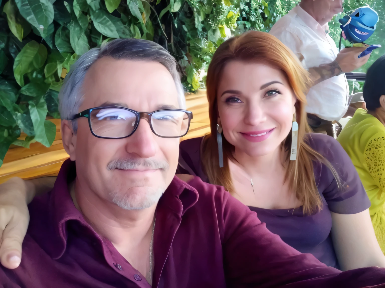 They are sitting at a table with a man and a woman, estilo pixar de mejor calidad