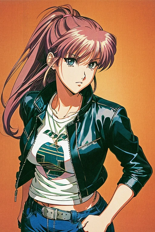 ((90's anime style)), ultra detailed illustration of a beautiful adult woman with messy hair wearing leather jacket and pants and high combat boots, 1990 clothing, standing in Los Angeles 1990, ((art by Masakazu Katsura)), trigun, DNA², Ranma, ultra detailed face, bold ink lines, cel shaded, art by MSchiffer, soft muted colors, lomography colors, vintage warm, dark vignette