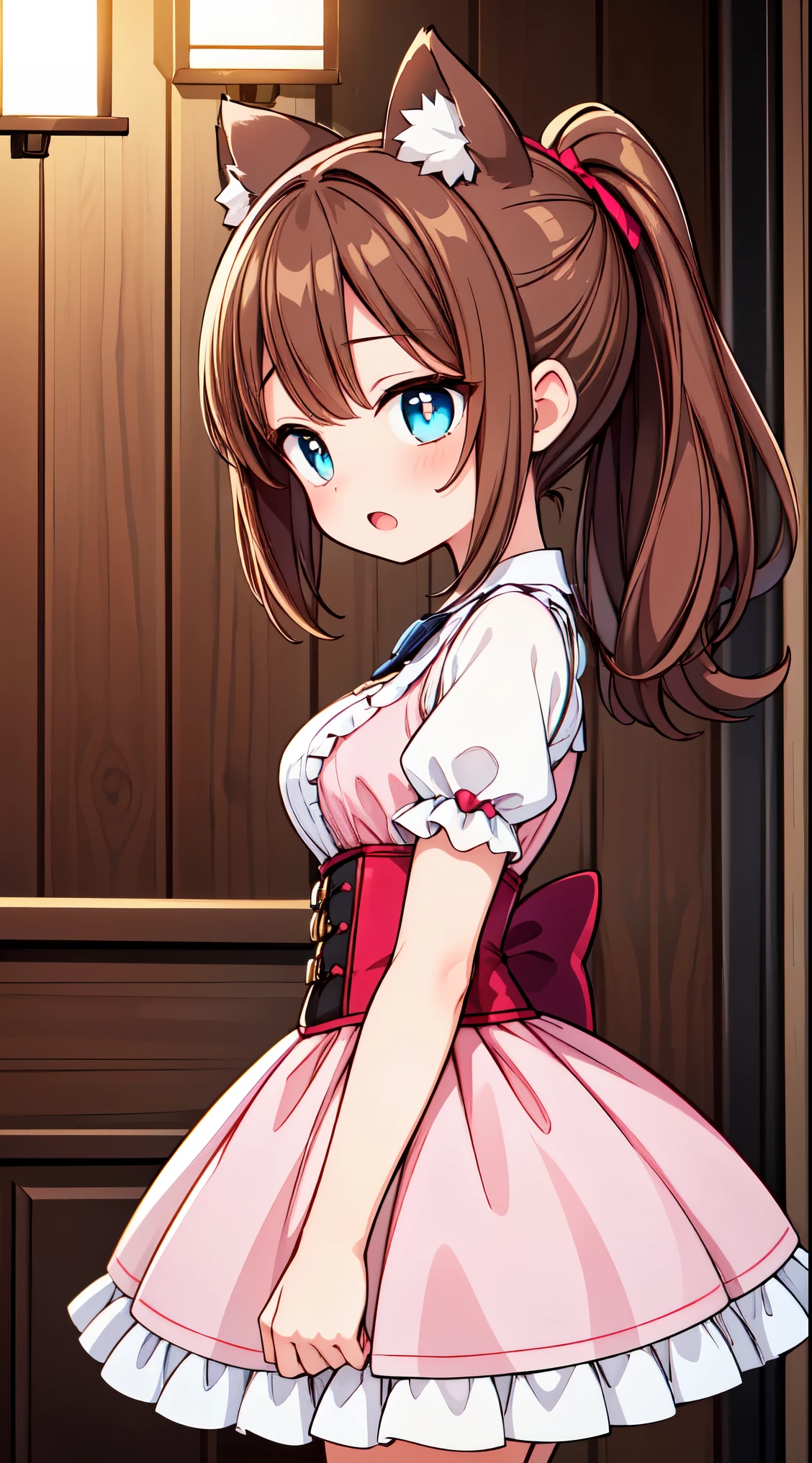 A cartoon girl in a pink dress standing in front of a door - SeaArt AI