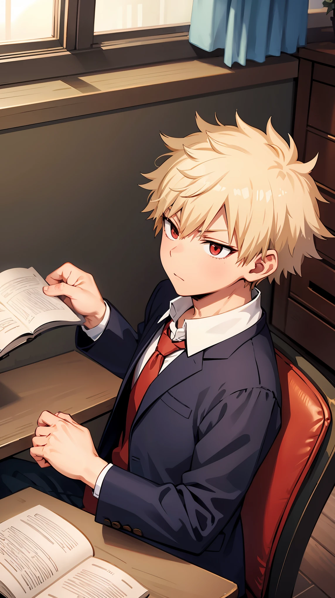  Bakugo Katsuk   lboy,Blonde hair, Short hair ,Red eyes, short hair, classroom, set on chair, reading book,