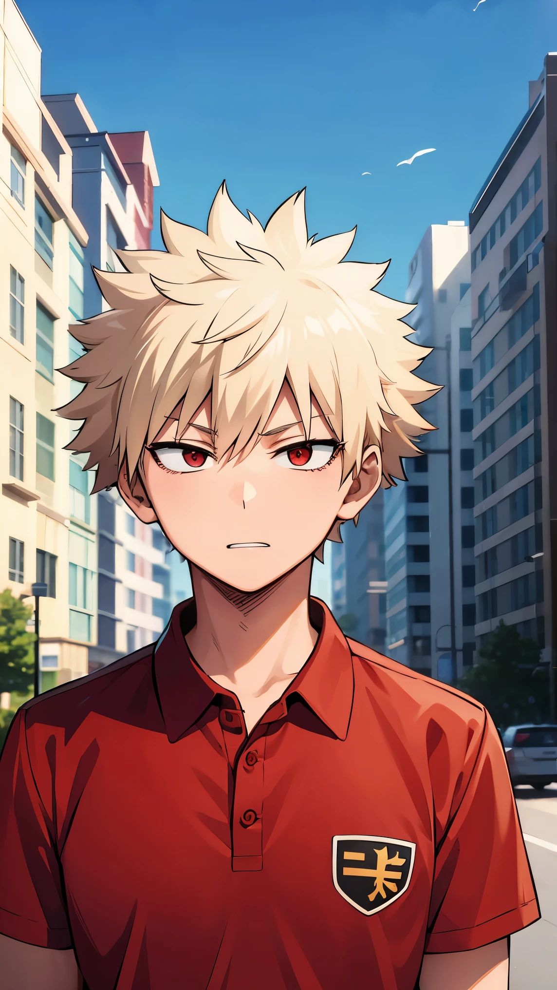  Bakugo Katsuk   lboy,Blonde hair, Short hair ,Red eyes, short hair, red shirt, street, upper body , wear school uniform, home