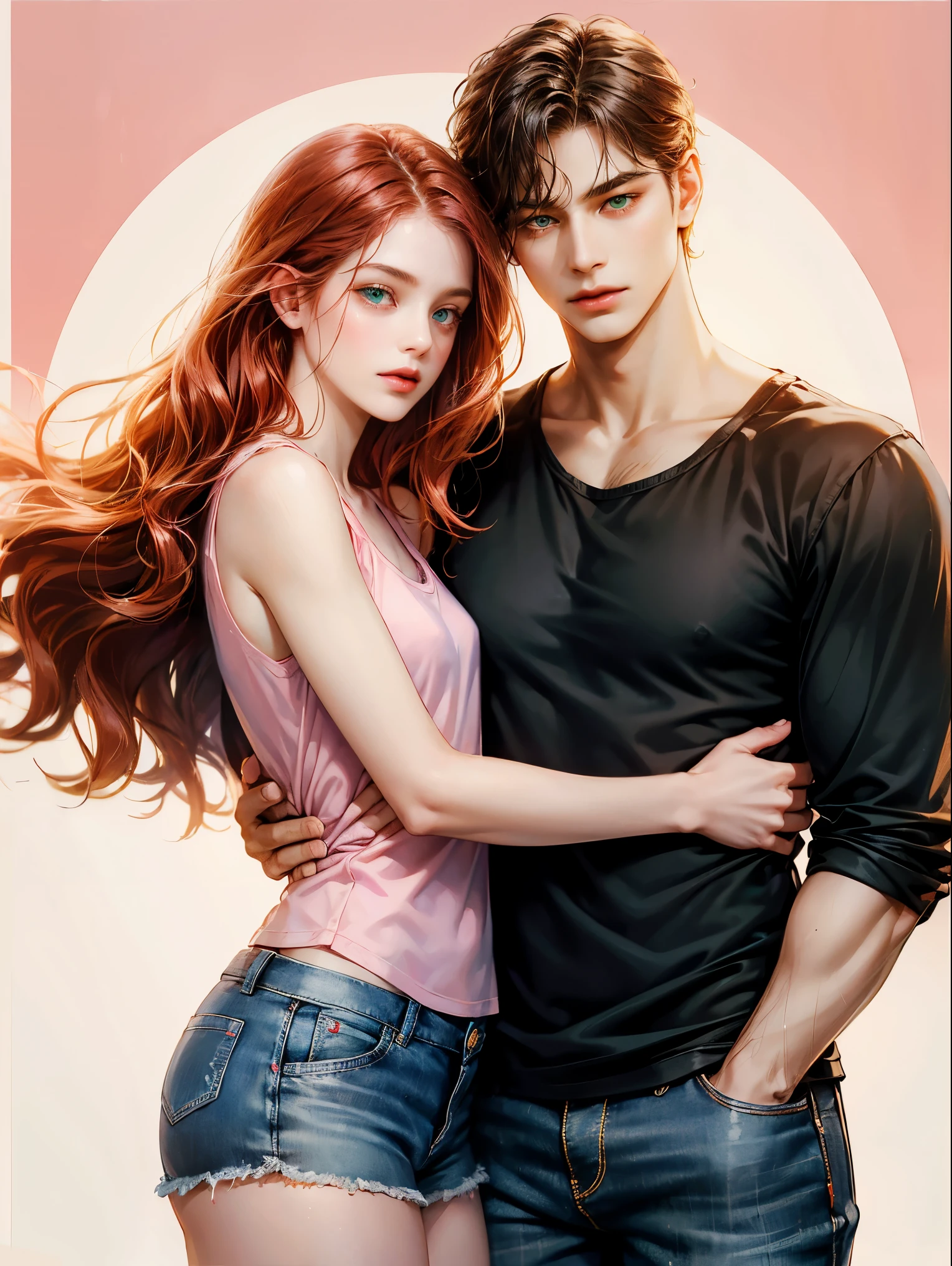 Couple, 1 girl 1 boy, different hair color, long red hair, wavy hair, no bangs, sky blue eyes. Pink tank-top and shorts, Short brown hair, wavy hair, green eyes, open black shirt and jeans, height different, detailed eyes, face, hand. They look at the viewer. They hug. Simple background