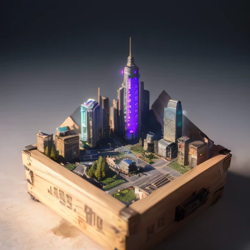 small realistic model, (bifurcation, original photo, best quality, masterpiece:1.4),SteampunkCyberpunk6920 City,(Cyberpunk light:1.3), Mards,horizon (related to land),(in a small nature box:1.3),Isometric, small nature, landscape on foundation,landscape,
