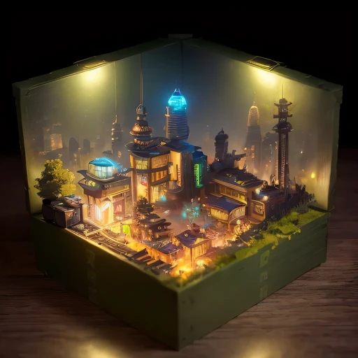 small realistic model, (bifurcation, original photo, best quality, masterpiece:1.4),SteampunkCyberpunk6920 City,(Cyberpunk light:1.3), Mards,horizon (related to land),(in a small nature box:1.3),Isometric, small nature, landscape on foundation,landscape,