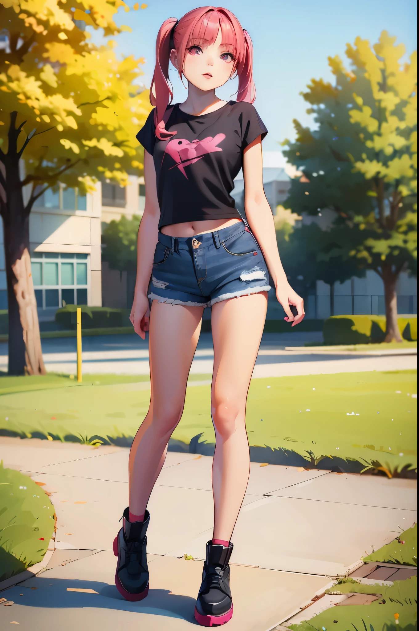 young girl, red hair, girl, small breasts, twintail hair, pink bangs, pink eyes, black top shirt, blue jeans short, in a ´park, looking at viewer, 4k, masterpiece, 8k, detailed, Hd anime, all body in art, full body
