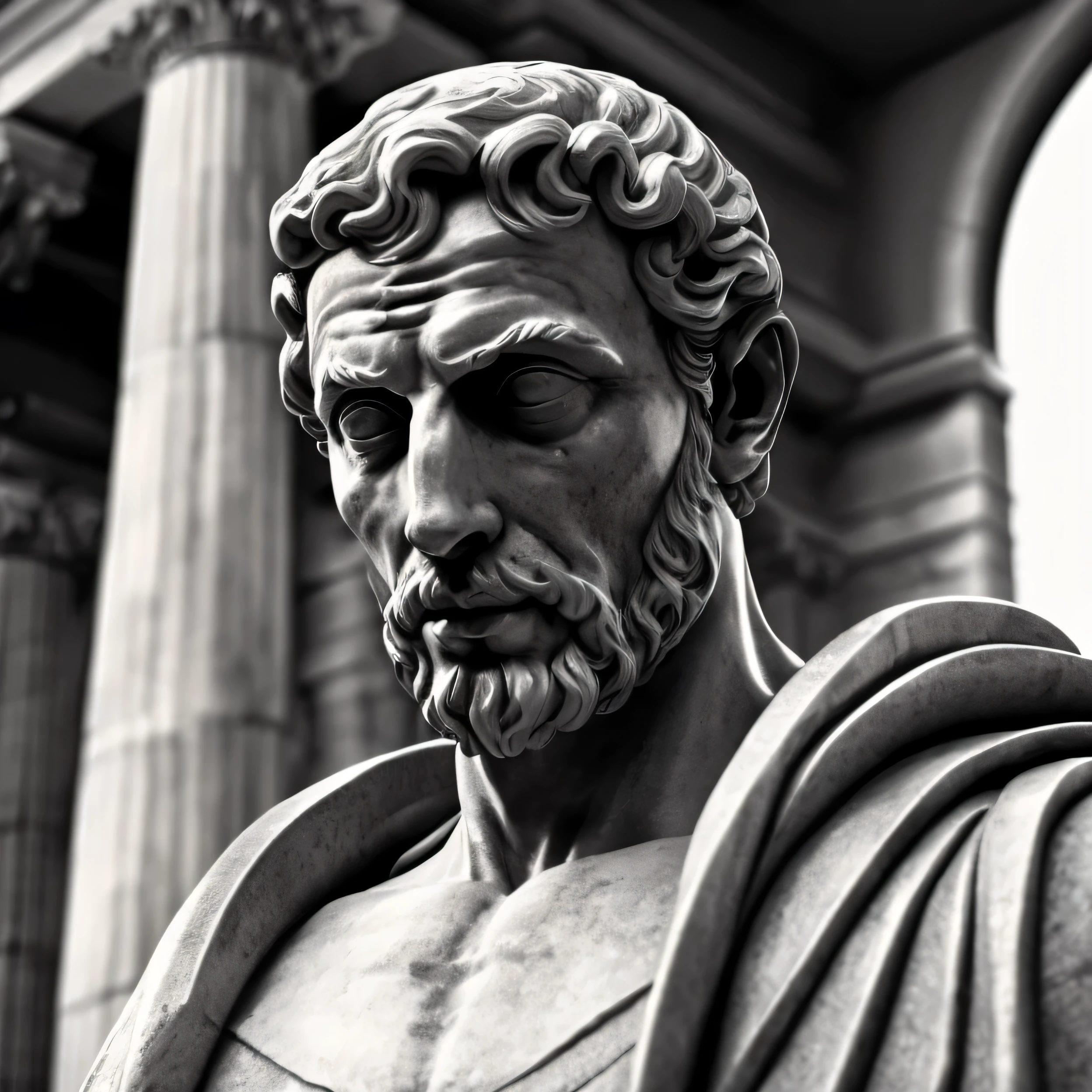 Seneca, close-up of a classic wise greek philosopher, statue in a temple, stoic posture, greek god, wisdom, cinematic feel, black and white, ultra realistic, ultra detailed and handcrafted in every aspect