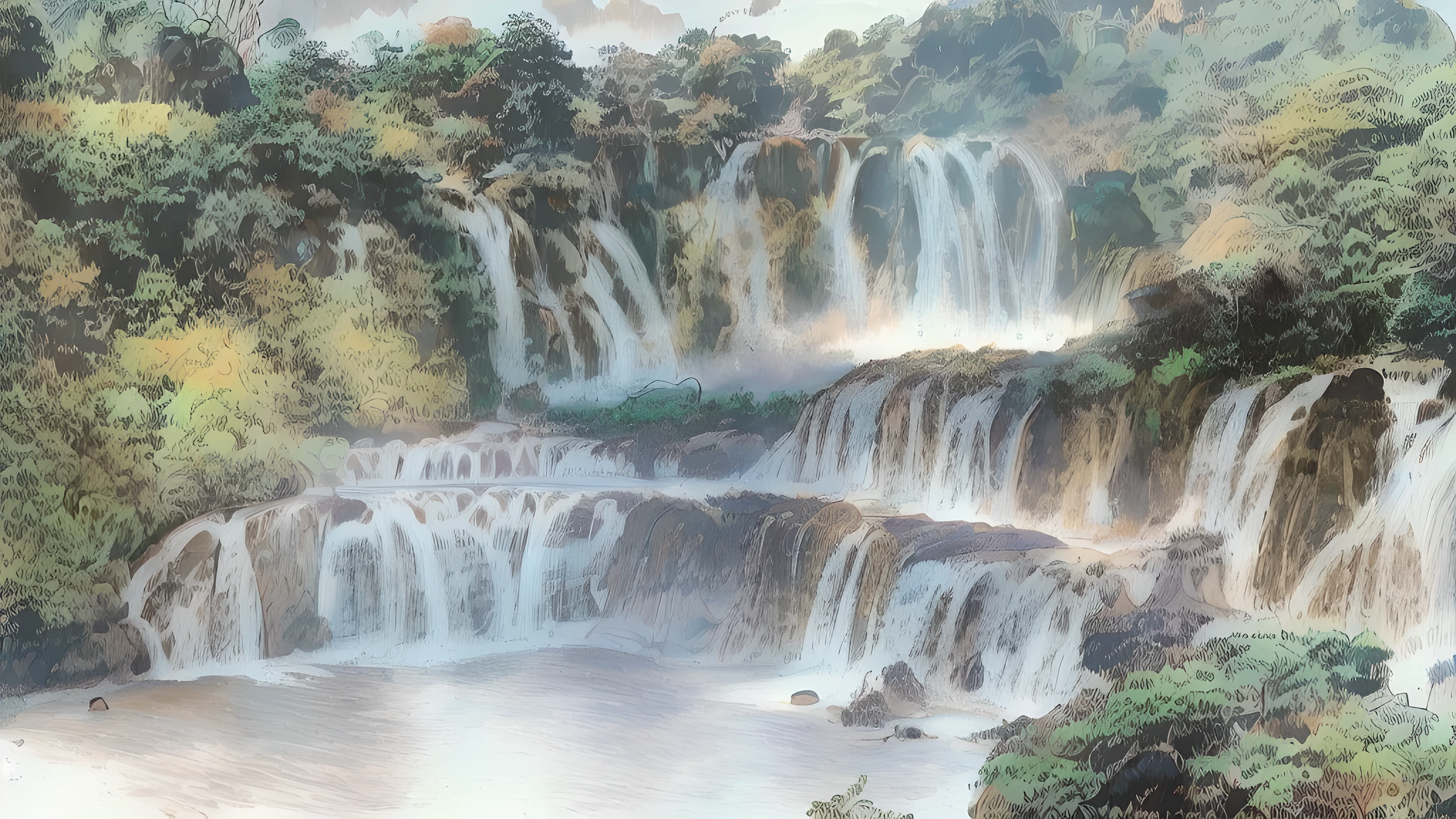 waterfall with a large amount of water flowing over it, waterfalls and lakes, multiple waterfalls, huge waterfalls, beautiful stunning waterfall, floating waterfalls, immense waterfall, with waterfalls, waterfall backdrop, with waterfalls and river, an endless waterfall, stunning waterfall, waterfalls in the background, huge waterfall, cascading waterfalls, lakes and waterfalls, waterfalls, with trees and waterfalls