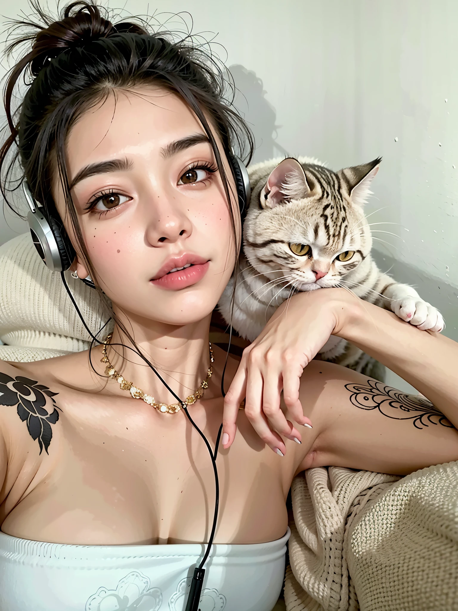 araffe with a gato on her shoulder and a woman with headphones, very beautiful cute gatochica, bella delfina, beautiful young gatochica, attractive gato chica, dilraba dilmurat, ella parece una mezcla de grimes, bella poarch, blanco ( gato ) chica, emo chica and her gato, chica with gato ears