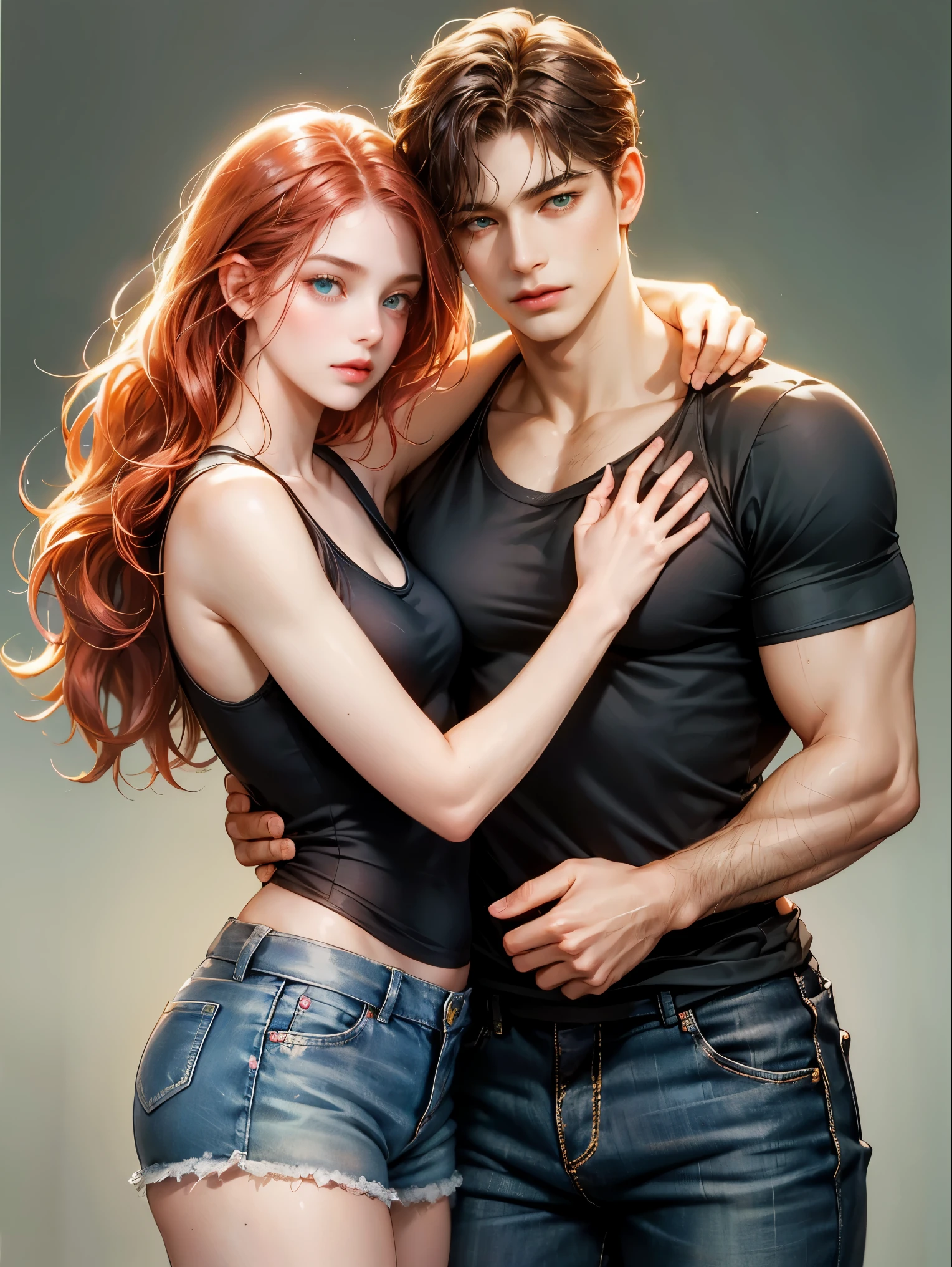 Couple, 1 girl 1 boy, different hair color, long red hair, wavy hair, no bangs, sky blue eyes. Pink tank-top and shorts, Short brown hair, wavy hair, green eyes, open black shirt and jeans, height different, detailed eyes, face, hand. They look at the viewer. They hug. Simple background