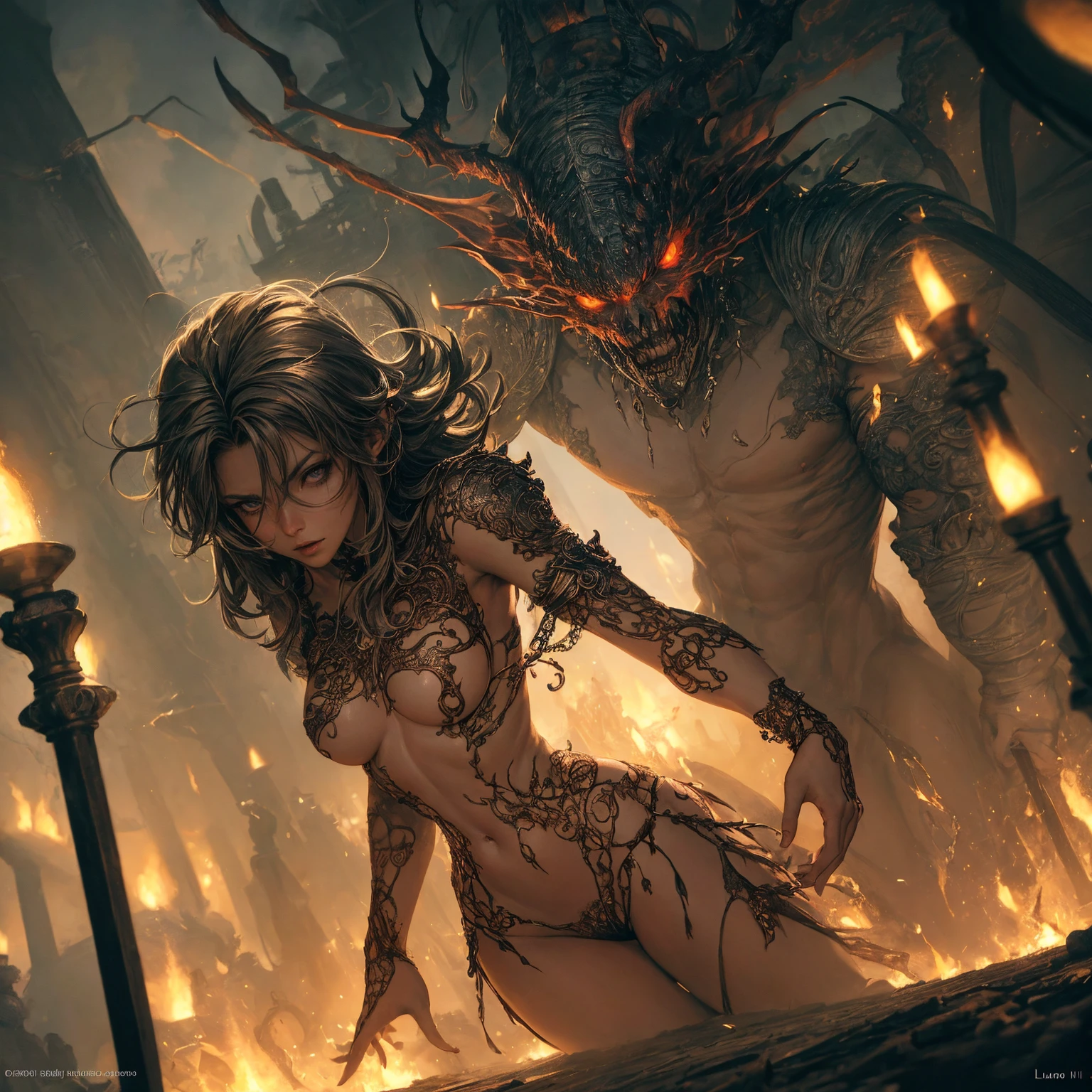art by ((Luis Royo)) A scary breathtaking Ghost Jinnat, Jinn, Demon, Ifrit, horror, haunted, ghost, night scary, luminism, ultra highly detailed, 32 k, Fantastic Realism complex background, dynamic lighting, lights, digital painting, intricated pose, highly detailed intricated, subtle nudity, nsfw, exposed
