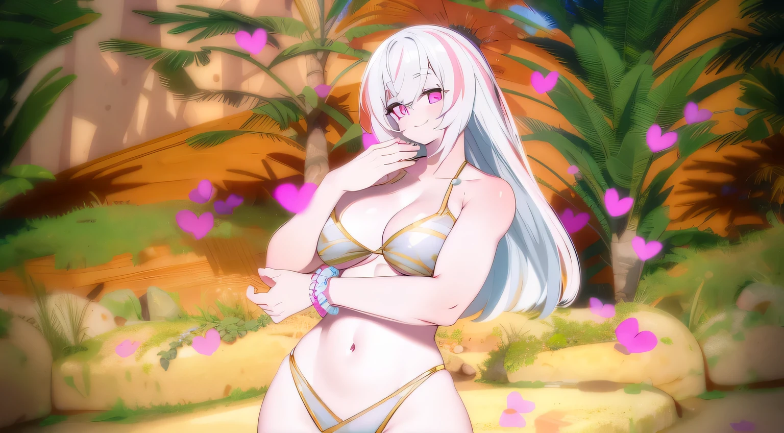 Detailed eyes,blends skin,big breasts,pink eyes,bikini,smile,Two tone hair,pink hair tips,detailed hands.