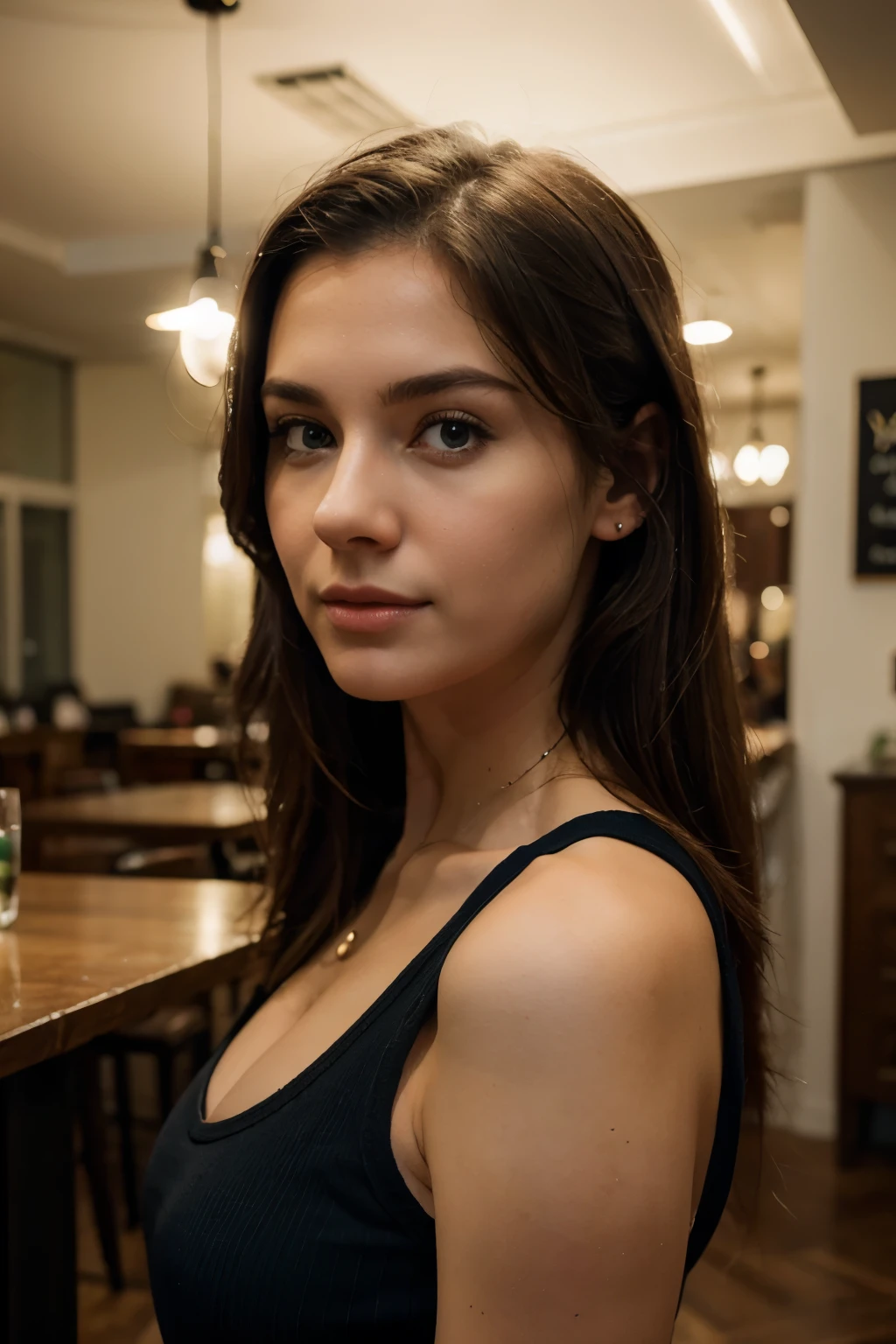 hyperdetailed photography, bokeh effect, (best quality,4K,8 TAUSEND,High Resolution,Meisterwerk:1.2),portrait shot, 25 year old woman, waitress, blue tank top ultradetailliert,(realistisch,photorealistisch,photo-realistisch:1.37), very pale skin, brunette long hair, elegant, depth of field, blurry background, small cafe scene