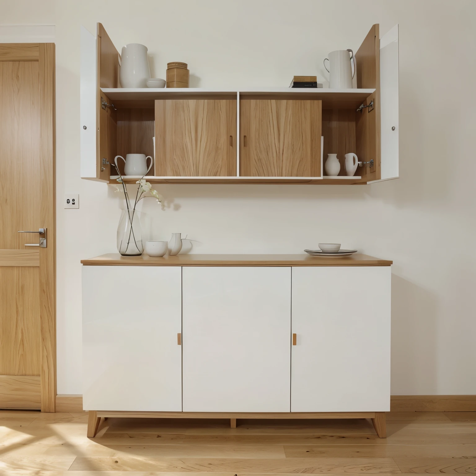 Contemporary 4-door sideboard with oak wood structure and smooth white lacquered doors without handles.