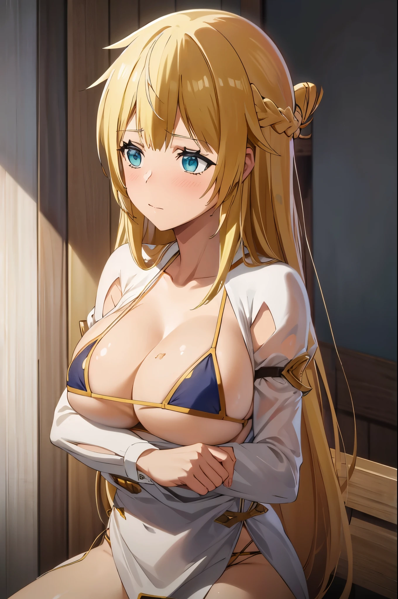 1girl,solo,Rit_BFTHP blonde hair long hair french braid blush((bikini)) large breasts blue eyes
