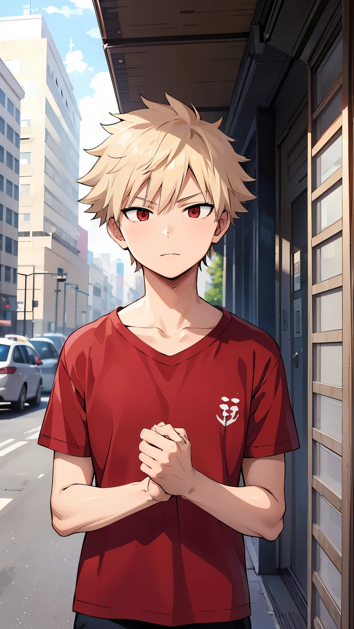  Bakugo Katsuk   lboy,Blonde hair, Short hair ,Red eyes, short hair, red shirt, street, upper body , wear school uniform, home