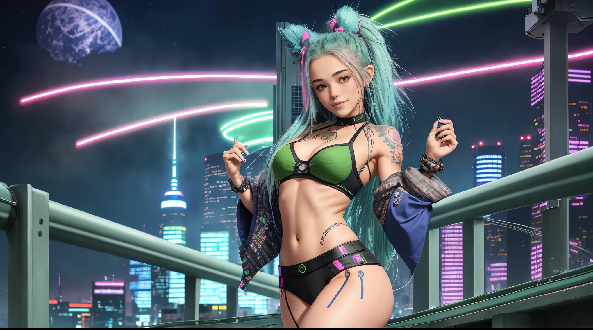 2 elfe Femme sexy, headphone, magnifique visage japonais, tenue cyberpunk, blue & green long hair in wind, Grand sourire, Multicolored lights, tatouage, Contexte Cyberpunk City, neon advertising, de nuit, half the body, studio mannequin photoréaliste 8k, (gros sein:1,9), body tatouage,