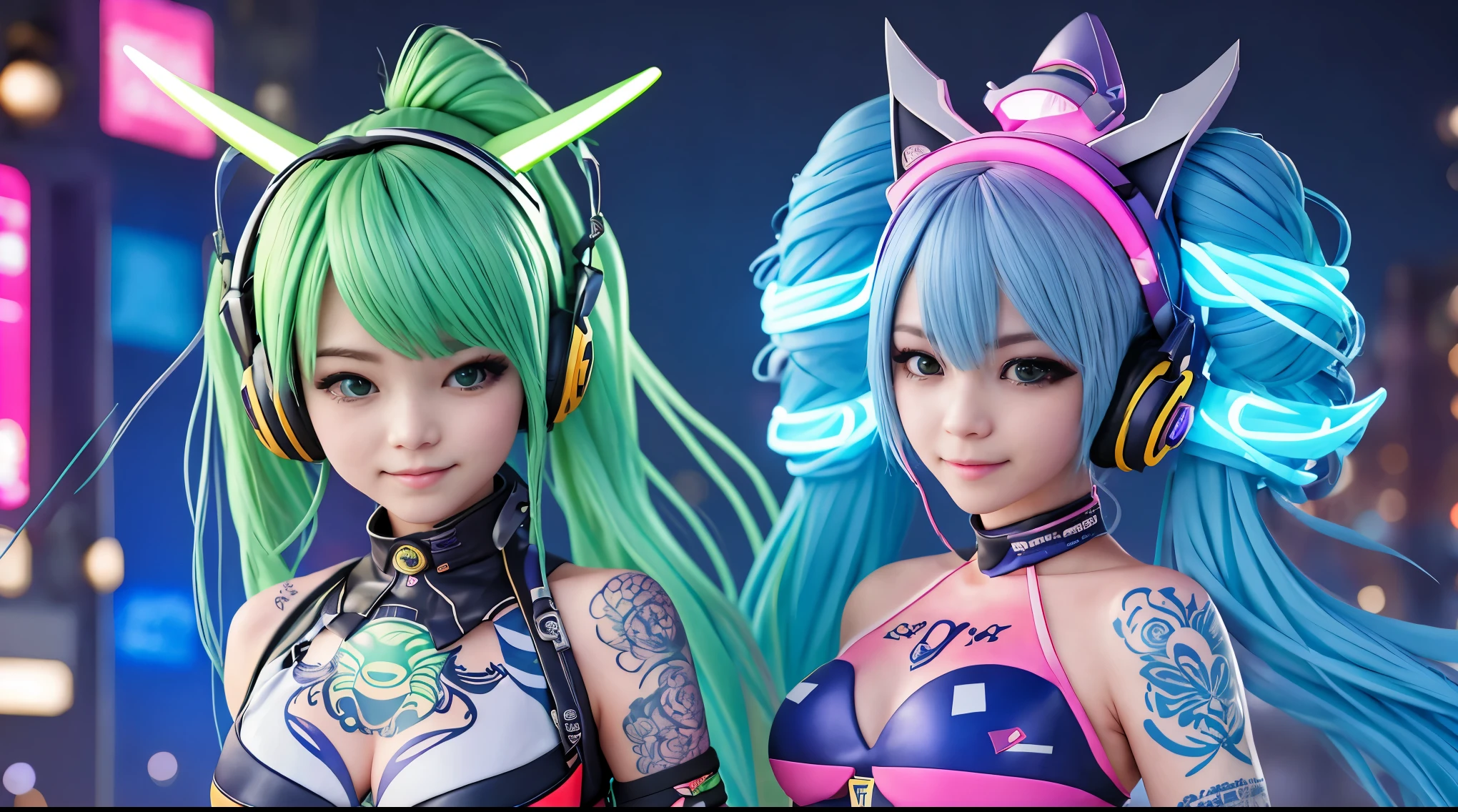2 elfe Femme sexy, headphone, magnifique visage japonais, tenue cyberpunk, blue & green long hair in wind, Grand sourire, Multicolored lights, tatouage, Contexte Cyberpunk City, neon advertising, de nuit, half the body, studio mannequin photoréaliste 8k, (gros sein:1,9), body tatouage,