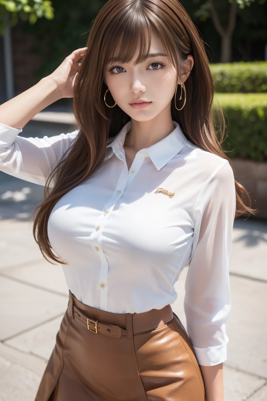 (detailed skin:1.2),(shiny skin:1.1),8k,best quality, masterpiece, ultra high res,(photorealistic:1.4), RAW photo,(soft saturation:1.3),(fair skin:1.2),(1woman,19yo),gyaru,natural makeupglamor, large breasts,brown hair and brown hair, medium hair, asymmetrical hair, wavy hair, asymmetrical bangs,collared white shirt,slit tight skirt