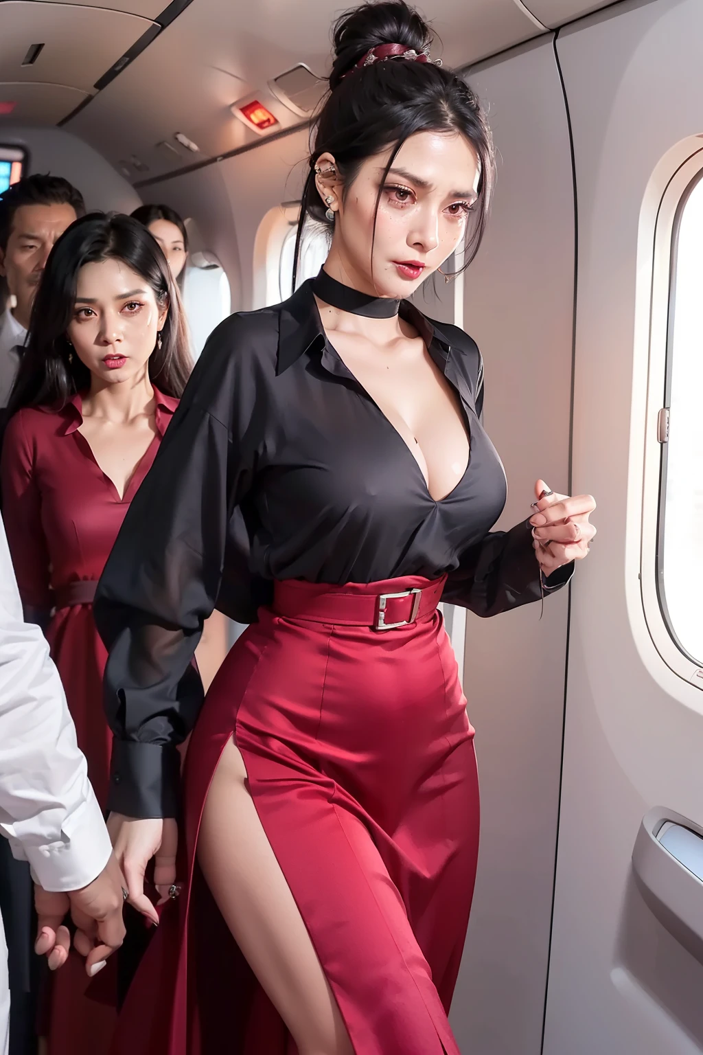 1woman, (Super beautiful), (stunning face:1.5), sexiness personified, (black hair:1.2), in bun, (maroon long skirt:1.1), high slit up to waist, (low v-neck shirt:1.3), revealing cleavage, hard nipples under blouse, (naughty facial expression:1.4), (walking:1.3), amidst (airplane cabin:1.1), full of passengers, (At SFW:1.1)