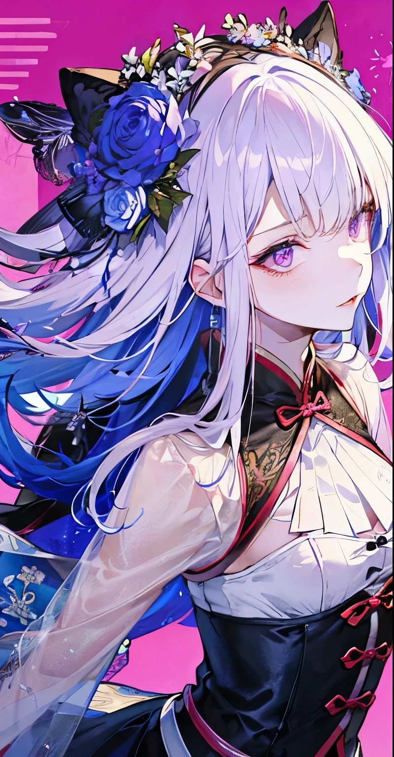 masterpiece, the best, night, full moon, 1 female, mature woman, Chinese style, ancient China, elder sister, Royal sister, cold face, Poker face, woman with long silver hair, pale pink lips, calm, intellectuals, Three belts, Bright purple pupils, assassin, daggers, Flower ball background, street view