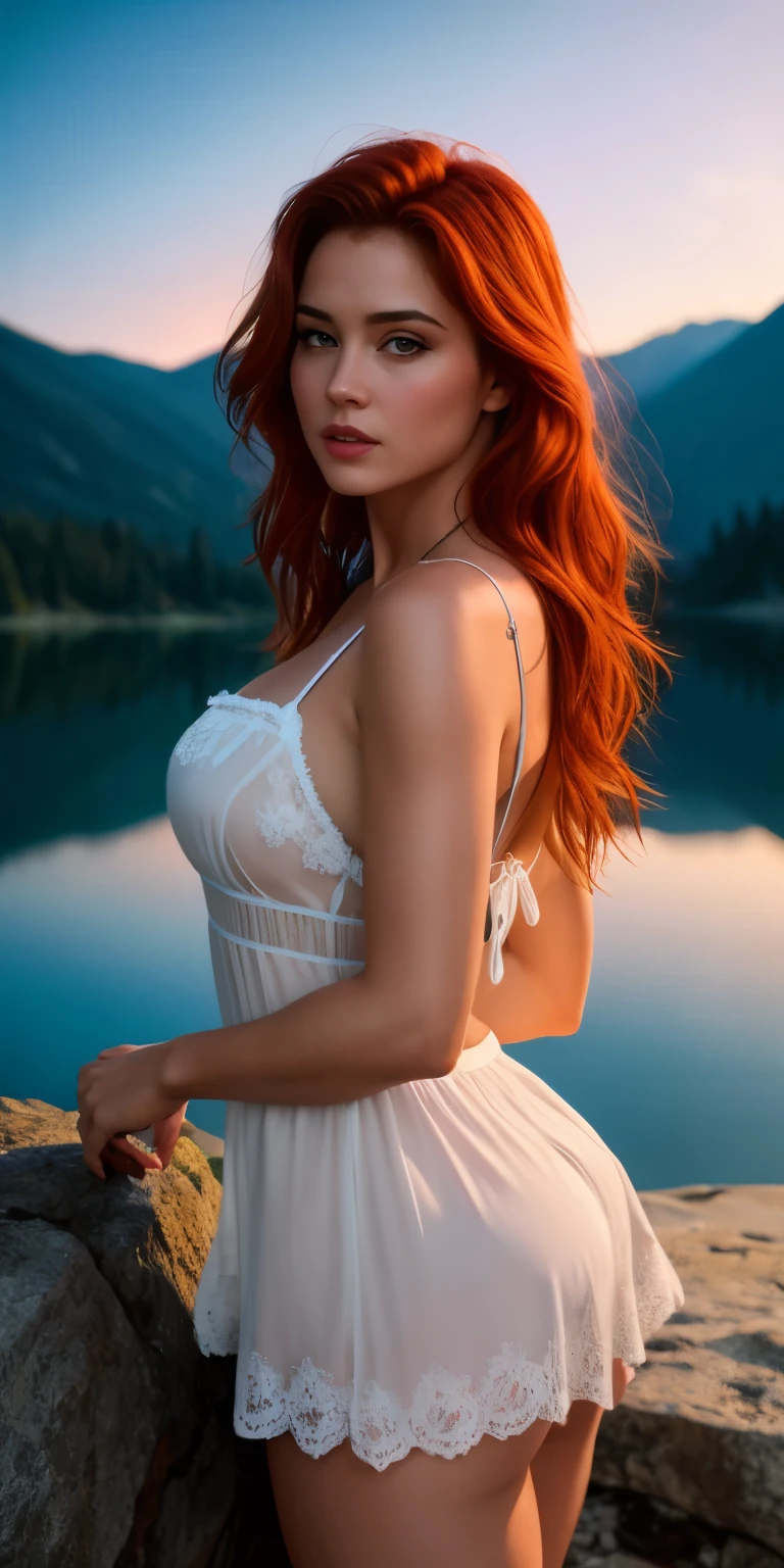 beautiful Caucasian redheaded woman of 26 years, in lace nightie, shyness, seduction, romanticism, open mouth, loving gaze, on an overhang rock, lake in the background, sunset, photorealistic, photo, masterpiece, realistic, realism, photorealism, high contrast, trendy photorealistic digital art on Artstation 8k HD realistic high definition detailed, detailed, skin texture, hyper detailed, realistic skin texture, Best Quality, Ultra High Resolution, (Photorealistic: 1.4),, High Resolution, Detailed, Raw Photo, Sharp Re, by Lee Jeffries Nikon D850 Film Stock Photography 4 Kodak Portra 400 F1.6 Camera Rich Lens Colors Hyper Realistic Texture Dramatic Lighting Unrealengine Trend in ArtStation Cinestill 800, No Text