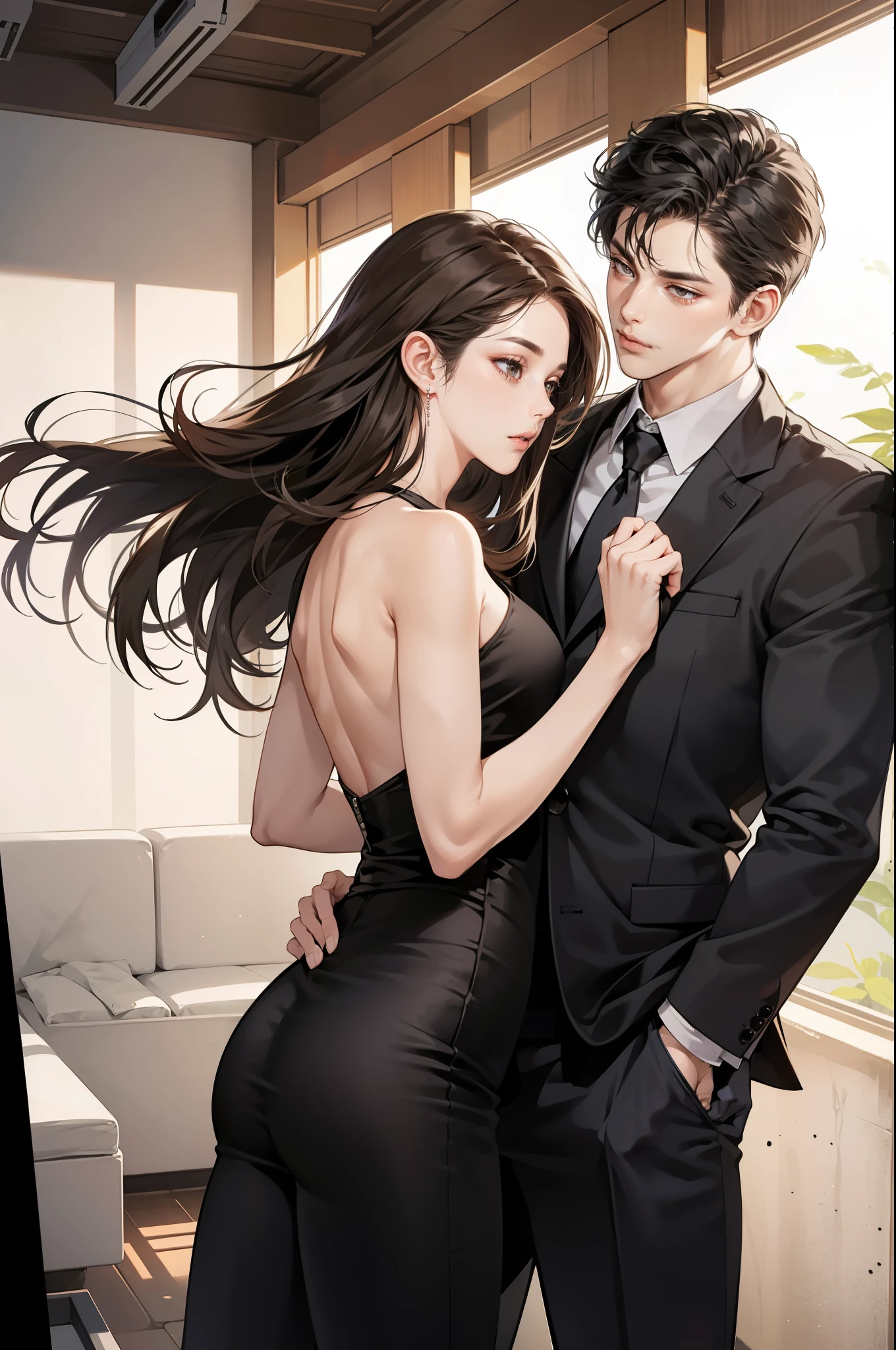 Highly detailed best quality, 1 boy and 1 girl, Long straight brown hair and sexy brown eyes., Short black hair and dark gray eyes., Black dress, black pants, secret agent (Partners in crime), Tall, muscular boy,Broad shoulders, very handsome., 25 years old, mouth closed ,Eyebrows frowned.,mafia,Women holding handguns, turning their backs to each other, preparing to shoot. Details, 4k,modern luxury room