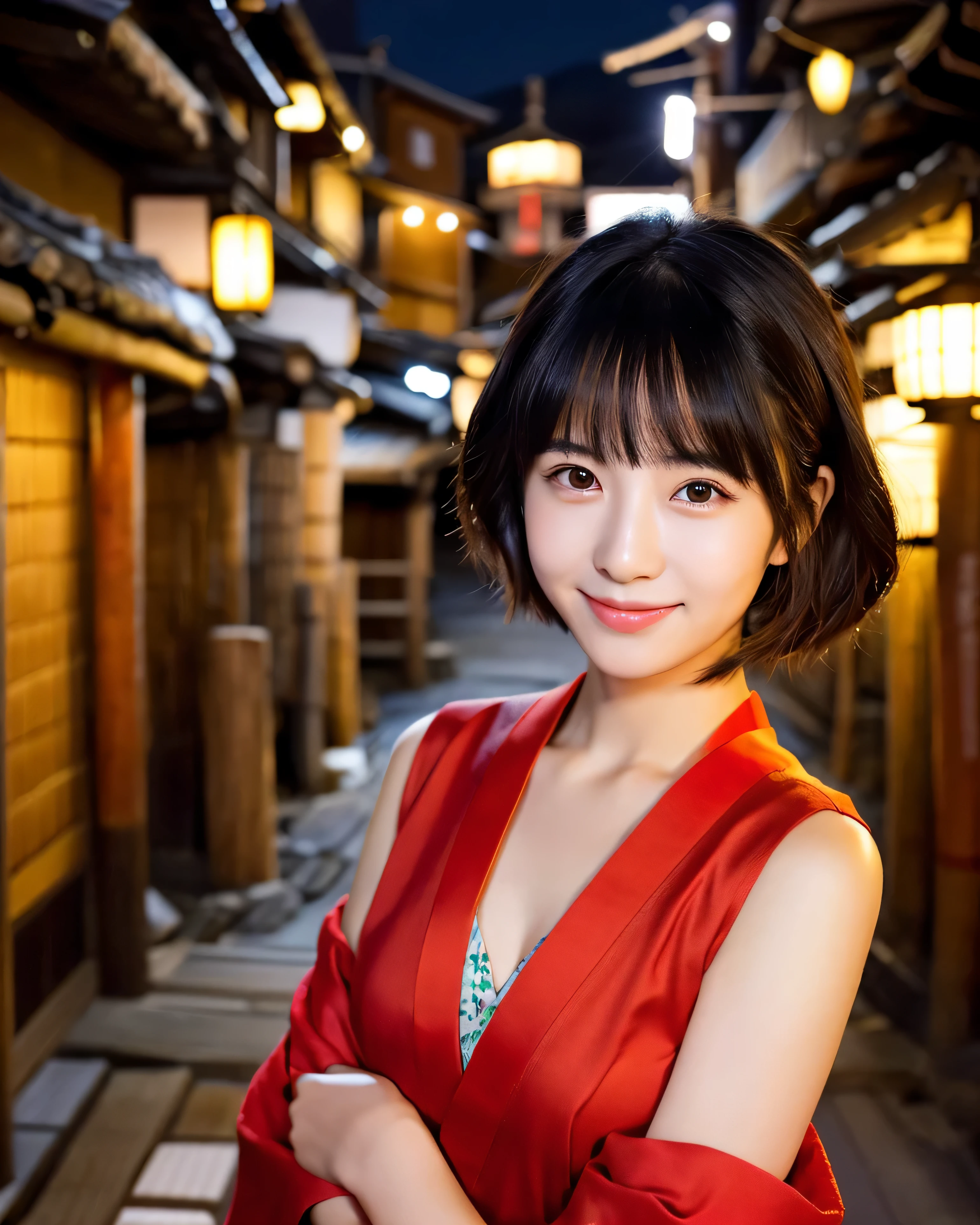 ((Onsen town in Japan)) beautiful japanese woman detailed beautiful eyes Sexy red cheongsam sleeveless slit Beautiful legs with attention to detail Beautiful black hair with attention to detail asymmetrical bangs bright and soft skin smile short hair (whole body:1.3) professional lighting professional photographer