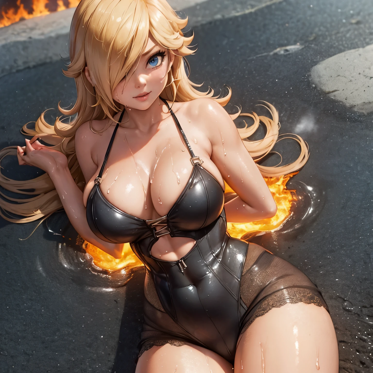 Rosalina, Hot cleavage, frontal view of the tits, Tits in close-up, hot provocative tits, very hot cleavage, only her, 1 girl, titfuck pose, titfuck position, titfuck view, blue corset, blue bra, blue lingerie, crown, full body, crown visible, covered nipples, sweet smile, into the volcano, her tits touch the lava and Rosalina burns, Rosalina's tits are on fire and burn in the lava, The floor is molten lava, lava bath, covered in lava, her tits are burning from the lava.  lava background,  burned on the lava,  burning on the lava, her tits burning from the lava, sweaty tits, sweaty, very hot environment, very high temperature, in a volcano, Tits covered with lava, tits in the lava, burning  in The lava, Tits resting on the lava while they burn, Tits with a lot of sweat, very wet tits, tits soaked in lava, hot lava touching and wetting her tits, burning tits, very sweaty tits, Rosalina lying on the floor with lava while her tits are resting on the lava and are burning from the lava, A river of lava under her tits begins to burn her lingerie, her tits are smoldering and burning, her tits are reddened from the heat of the lava and magma running across the floor and reaching her tits, tits completely covered with sweat, a lot of sweat, soaked tits, very wet tits.
