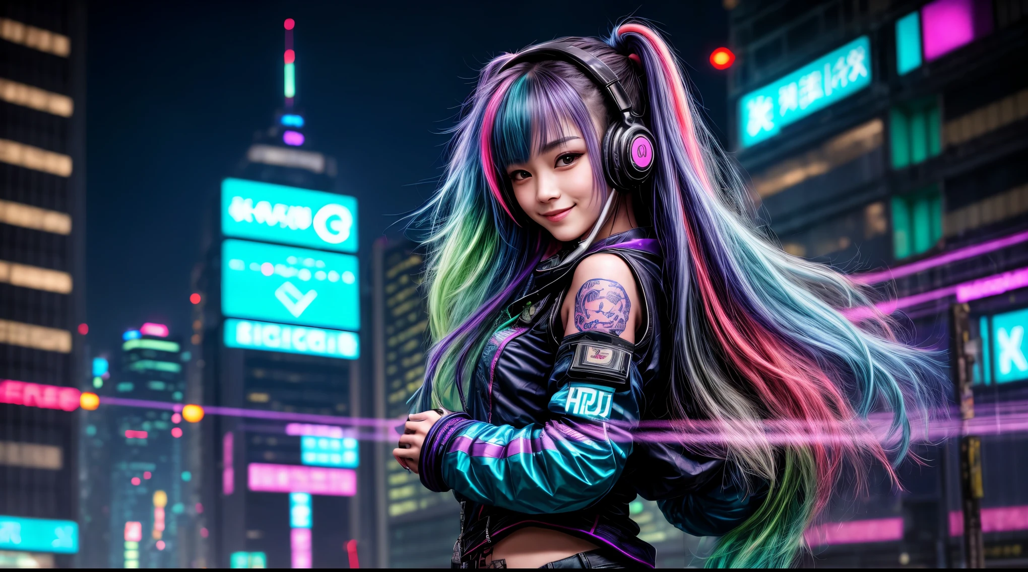 visage d'une fille sexy, headphone, magnifique visage japonais, tenue cyberpunk, blue & green long hair in wind, Gbig smile, Multicolored lights, Contexte Cyberpunk City, de nuit, half the body, studio mannequin photoréaliste 8k, (gros sein:1,9), body tatouage,