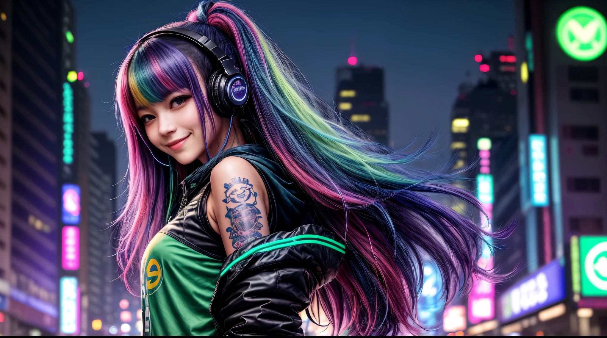 visage d'une fille sexy, headphone, magnifique visage japonais, tenue cyberpunk, blue & green long hair in wind, Gbig smile, Multicolored lights, Contexte Cyberpunk City, de nuit, half the body, studio mannequin photoréaliste 8k, (gros sein:1,9), body tatouage,