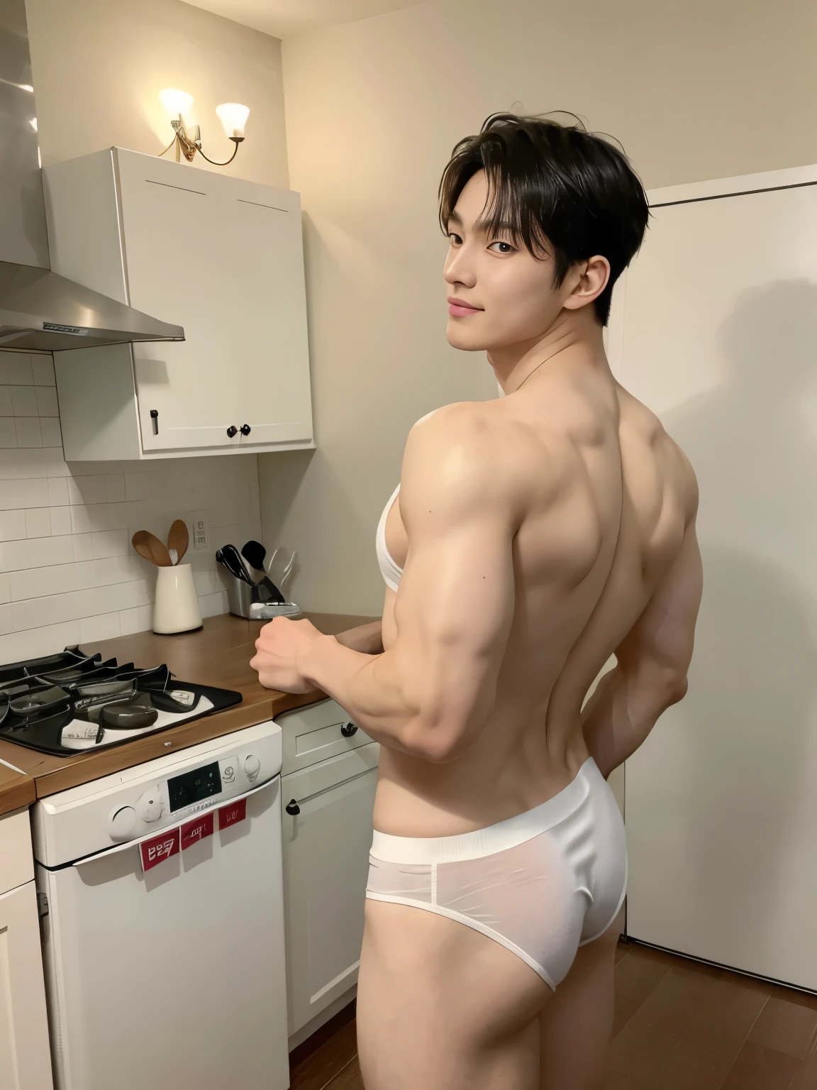 Photorealistic image, ((full body)). about a muscular athletic corean man, The body of a super-muscular trainer, (corean man with k-pop idol look), 20yo, wearing nothing but a white jockstrap, detailed eyes, detailed faces, a beautiful face, large open eyes ((the man stands with his back to the viewer)). Free (dynamic pose): 1, 5, (body in motion): 1, 5, smile, dimples, muscular back,
voluptuous butt, (A man is at home alone, in a cozy home environment, in the evening, cooking in the kitchen), show his movements, movements of his arms, legs, torso turns, dishes and food on the table. A masterpiece. High-quality detailed background, detailed face and eyes, detailed proportional body, perfect eyes, photo of perfecteyes eyes,kpop