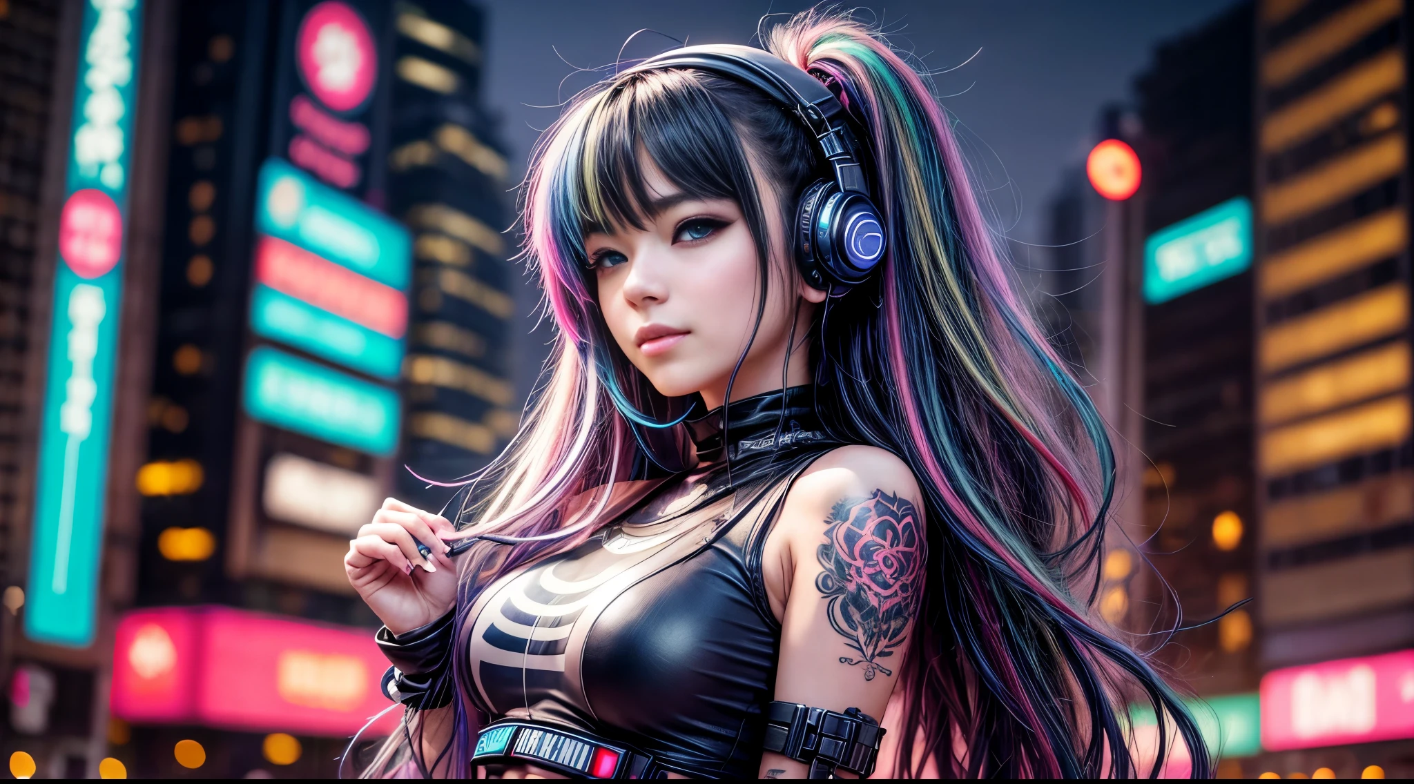visage d'une fille sexy, headphone, magnifique visage japonais, tenue cyberpunk, blue & green long hair in wind, Grand sourire, Multicolored lights, Contexte Cyberpunk City, de nuit, half the body, studio mannequin photoréaliste 8k, (gros sein:1,9), body tatouage,
