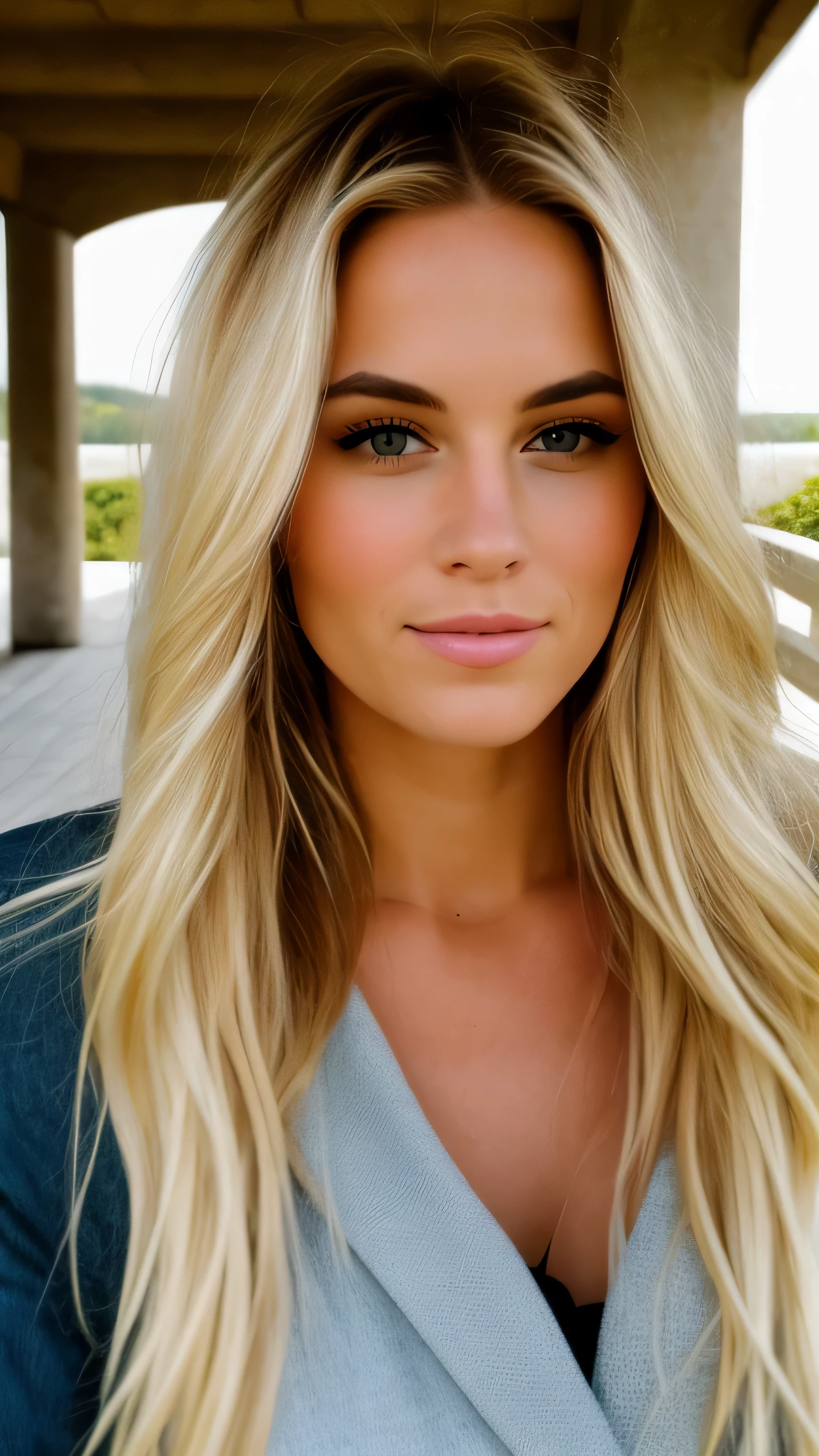 une femme blonde de 23 ans, Photoréalisme, Cheveux blonds with the racines châtain clair, cheveux blond, Cheveux avec des racines brunes, cheveux très longs, yeux bleus, belle femme, vue de face, Gros plan sur le visage, Haute qualité, selfie, dehors au soleil, promenade, palmiers