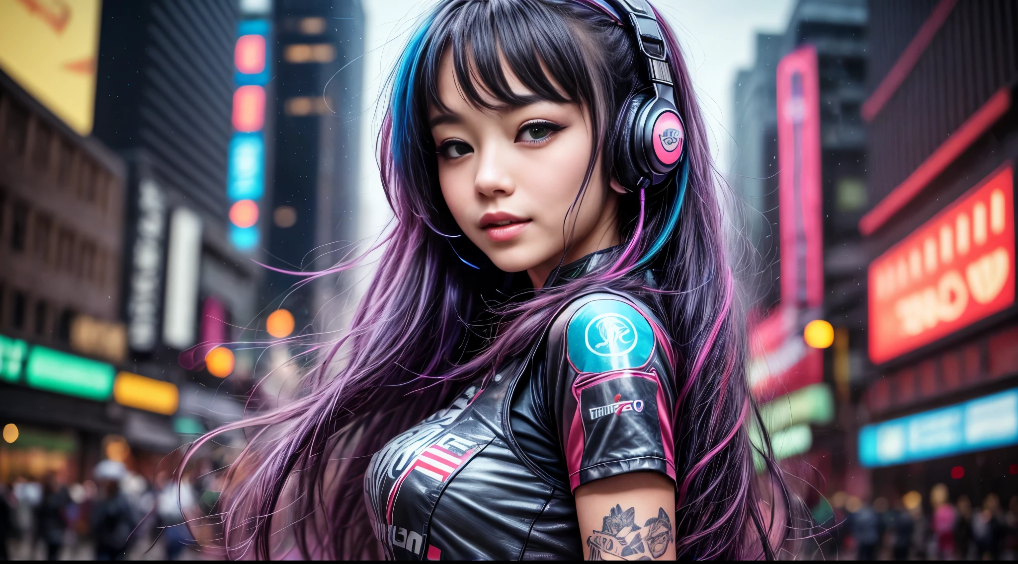 visage d'une fille sexy, headphone, magnifique visage japonais, tenue cyberpunk, blue & green long hair in wind, Grand sourire, Multicolored lights, Contexte Cyberpunk City, de nuit, half the body, studio mannequin photoréaliste 8k, (gros sein:1,9), body tatouage,