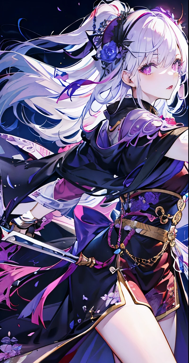 masterpiece, the best, night, full moon, 1 female, mature woman, Chinese style, ancient China, elder sister, Royal sister, cold face, Poker face, woman with long silver hair, pale pink lips, calm, intellectuals, Three belts, Bright purple pupils, assassin, daggers, Flower ball background, street view